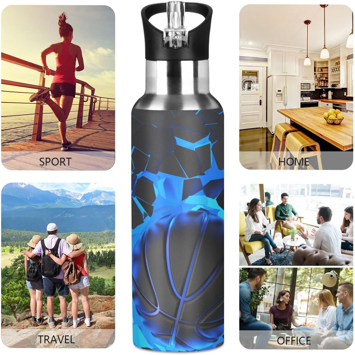 3D Basketball Blue Lighting Water Bottle Kids Boys Girls Insulated Stainless Steel Hot Cold Water Flask with Straw Lid for Sports Gym Running 20 oz - Image 6