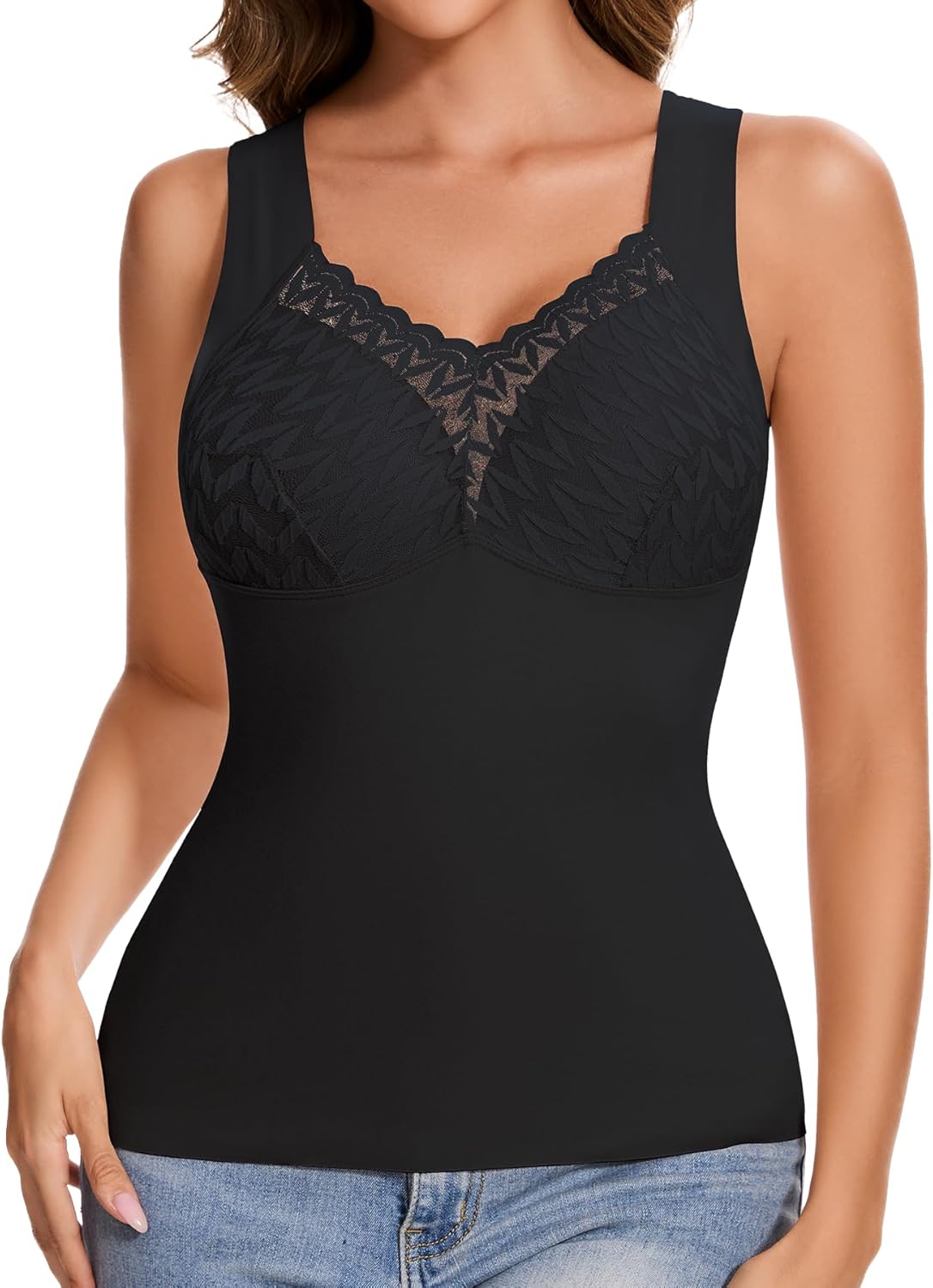 Women's Lace Trim Camisole Tank Top,Seamless Stretch Fabric with V-Neck Design, Wide Straps, Regular Fit for Everyday Wear