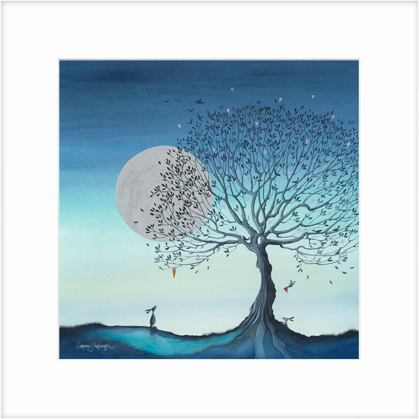 ArtkoRabbit and Moon Framed Print Wall Art - Contemporary Animal Themed Home Decor - Catherine Stephenson Artwork - Ready to Hang 'Hope Moon I' Painting - 43.5 x 43.5cm