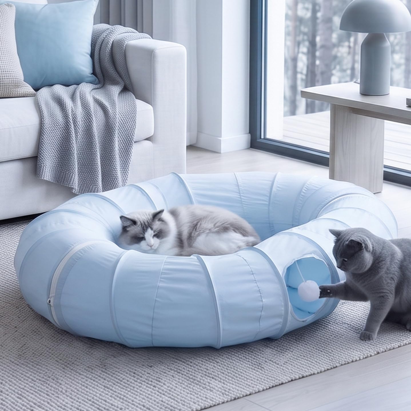Ice Silk Cooling XL Cat Tunnel, 47.2in Multi-Cat Family Cat Tube, Blue | Breathable Thin Cat Play Tunnel, Lockfill Cotton Pad Included, Waterproof & Anti-Static, Ideal Summer Cat Toy