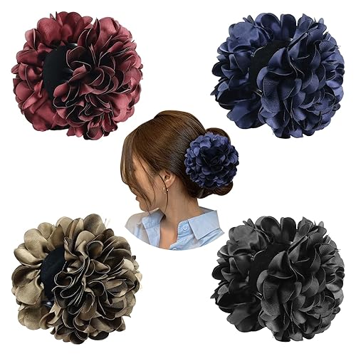 Cinaci Paquete de 4 pinzas de plástico negro con pinzas grandes de satén con lazo de flor de lazo, pasadores, abrazaderas de cola de caballo para