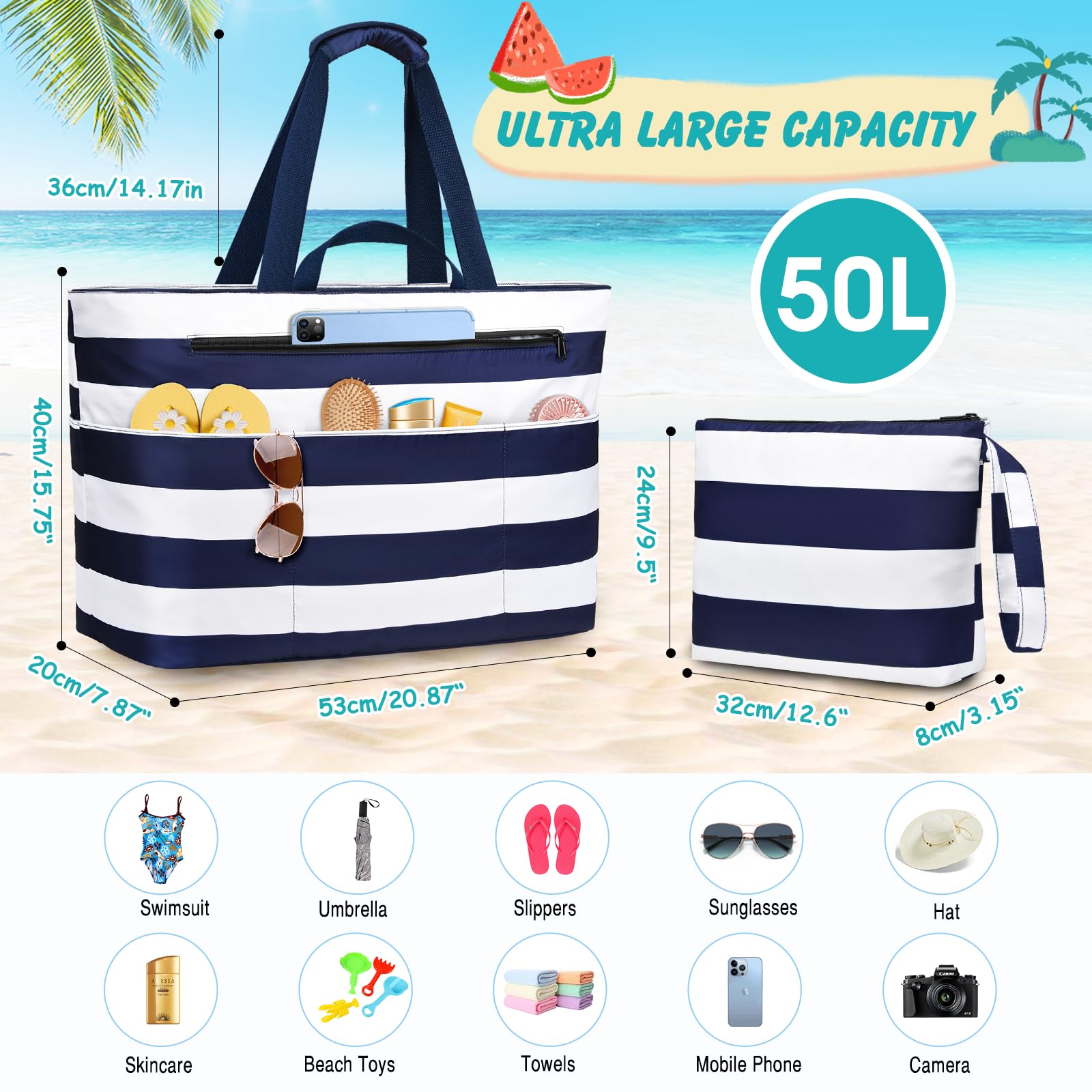 Sac De Plage Femme, Grand Sac Plage Avec Fermeture Éclair Xxl Family Bag Imperméable Pliable Beach Bag Cabas Femme Pour Piscine, Shopping, Vacances. 50L,Rayures bleu-blanc