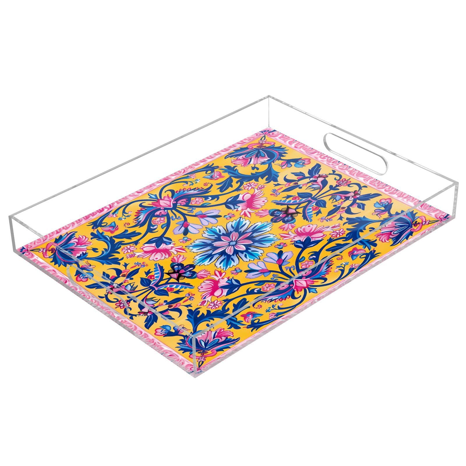 BOESI Graffiti Vintage Floral Pattern Acrylic Decorative Dining Tray, Acrylic Decorative Tray Organizer with Handle for Kitchen, Dining Room, Bathroom, Dresser
