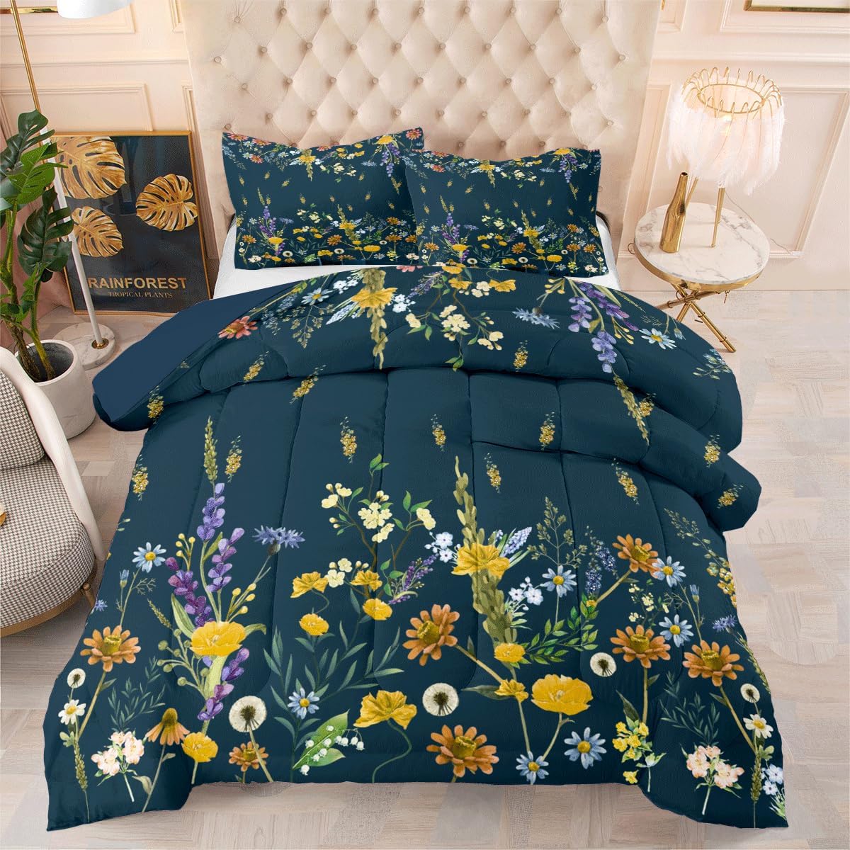 King Comforter Set,3 Pcs Blue Floral Bedding Sets,1 Soft Reversible Botanical Flowers Farmhouse Comforter and 2 Pillow Shams Bed Set(King,Peacock Blue)