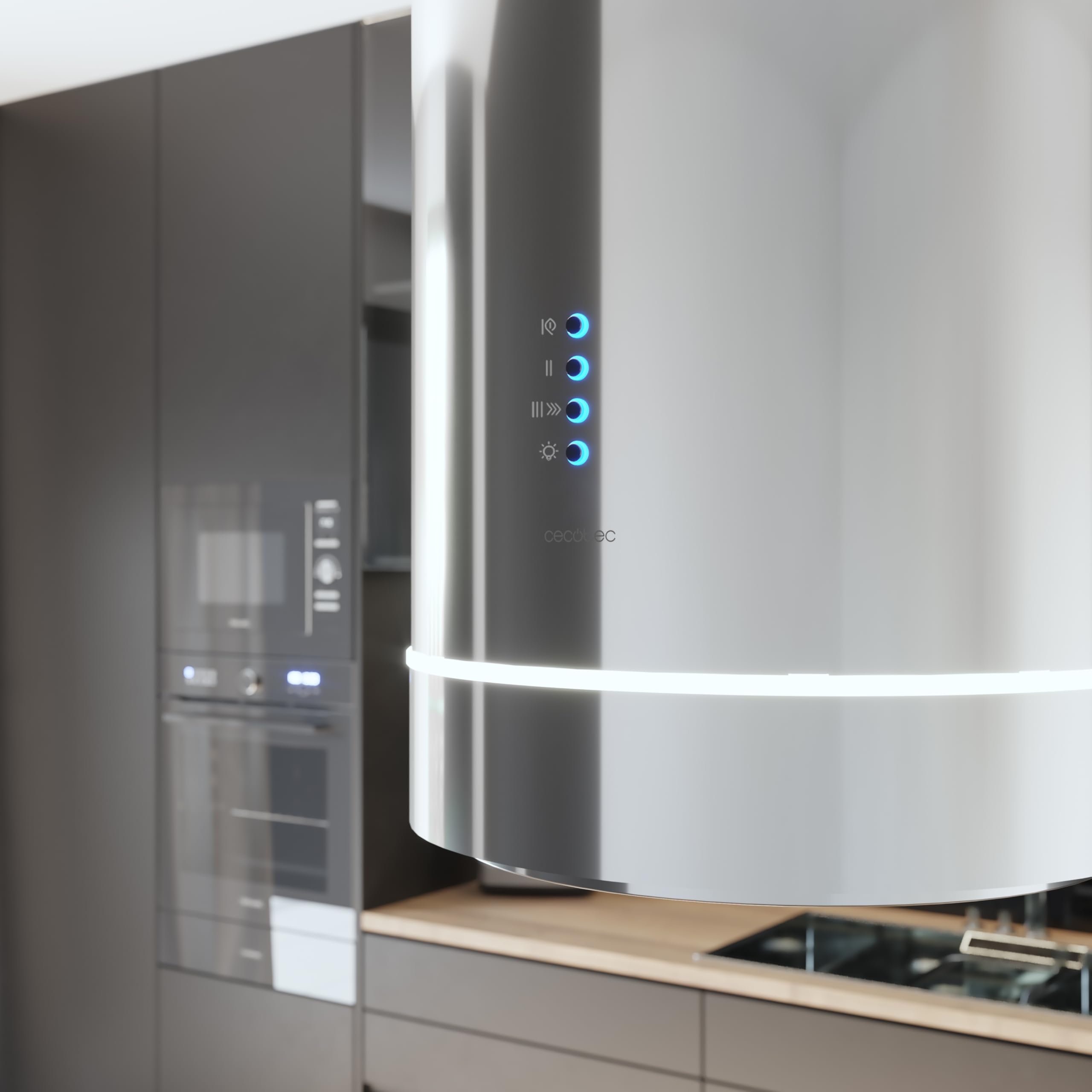 Cecotec Cappa Aspirante Isola Rotonda 38cm Bolero Flux Ire 388000 Inox A++. Aspirazione 712m3/h, Motore 210W, Controllo Elettronico, Pannello LED, Filtro Carbone, Design Elegante Inox
