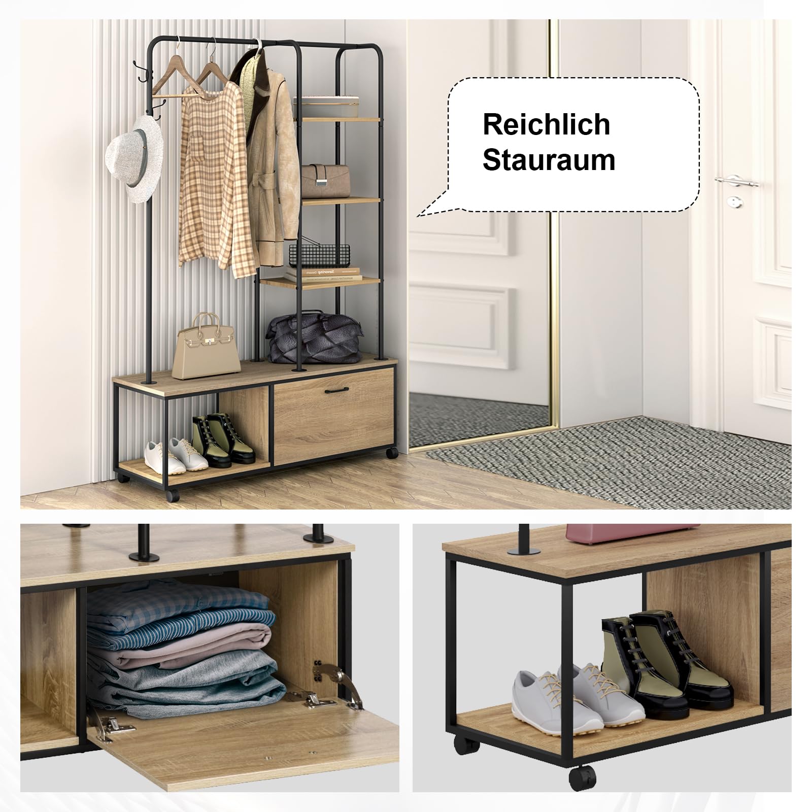 eSituro Kleiderständer, freistehender Garderobenständer auf 4 Rollen, mit 1 Kleiderstange Schrank, 5 Ablagen 3 Haken, Multifunktionales Regal aus MDF Metall, Schwarz Holzmaserung