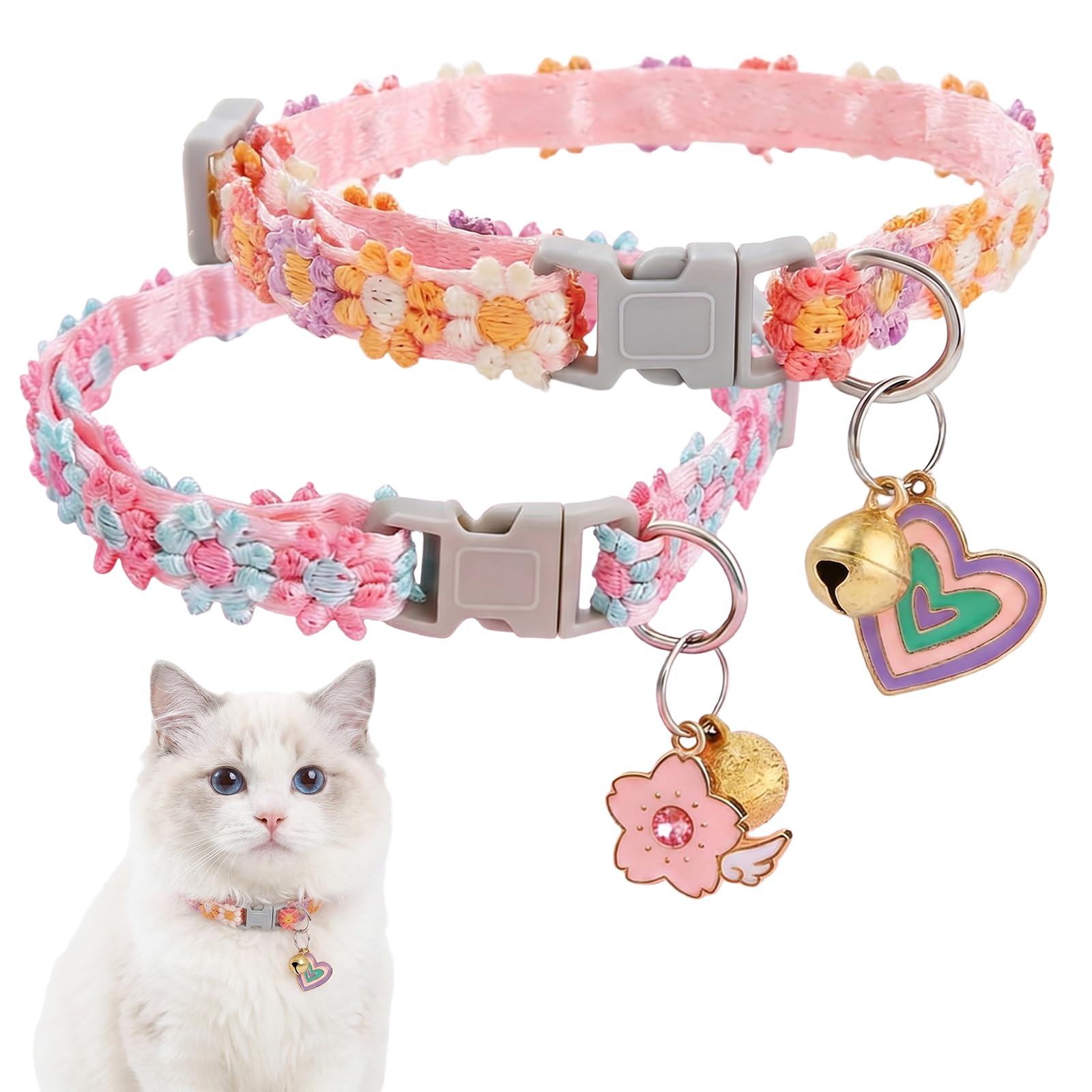 2 Collares Rosa para Gato, Colgante de Flor con Campana, Ajustable 20-30cm, Regalo para Dueños de Mascotas