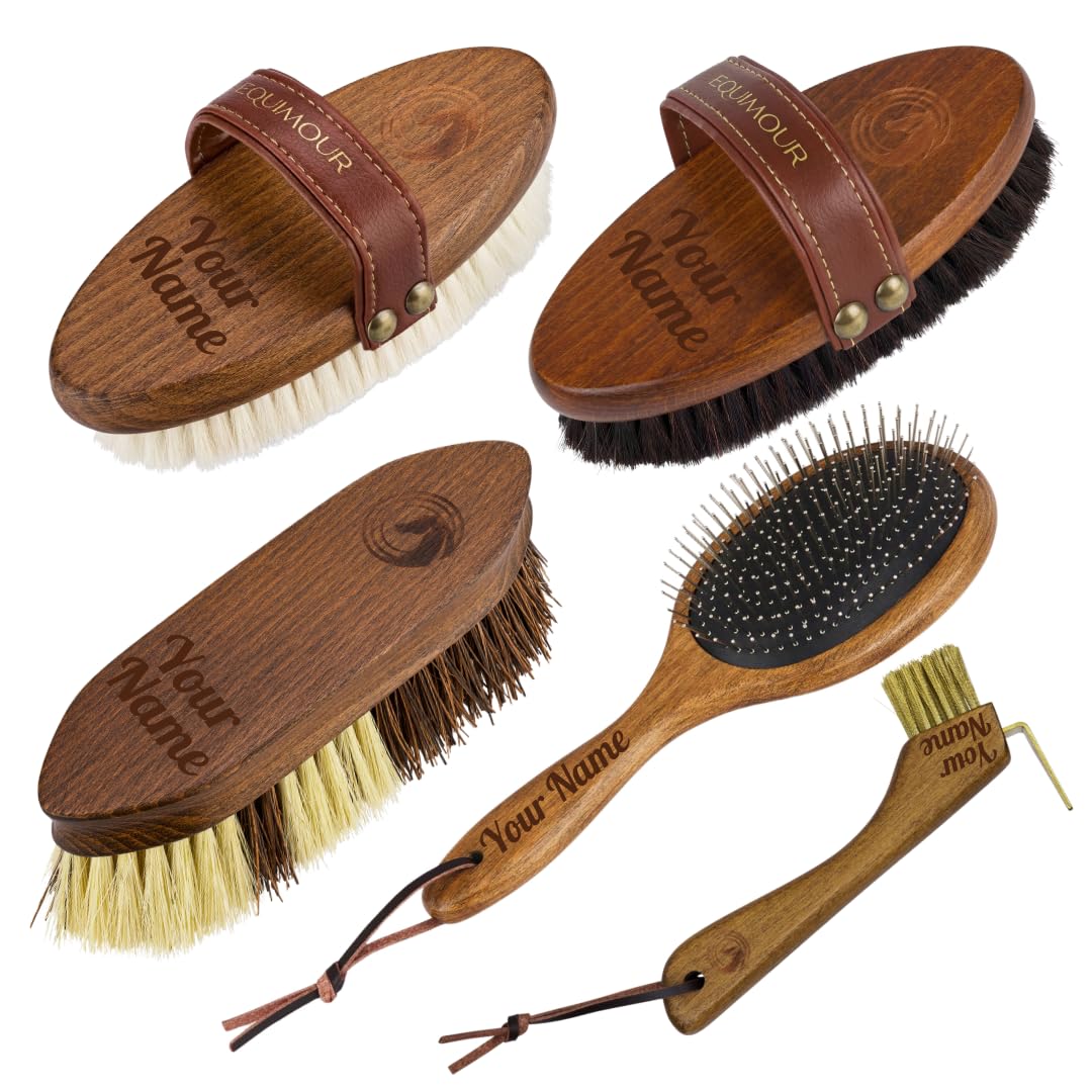 Starter-Set – 5-teiliges Pferdepflege-Set mit Rosshaar-Kardätsche, Ziegenhaar-Glanzbürste, Wurzelbürste, Mähnenbürste & Hufkratzer – Putzzeug für Fell, Hufe, Pferd & Pony (Personalisiert)