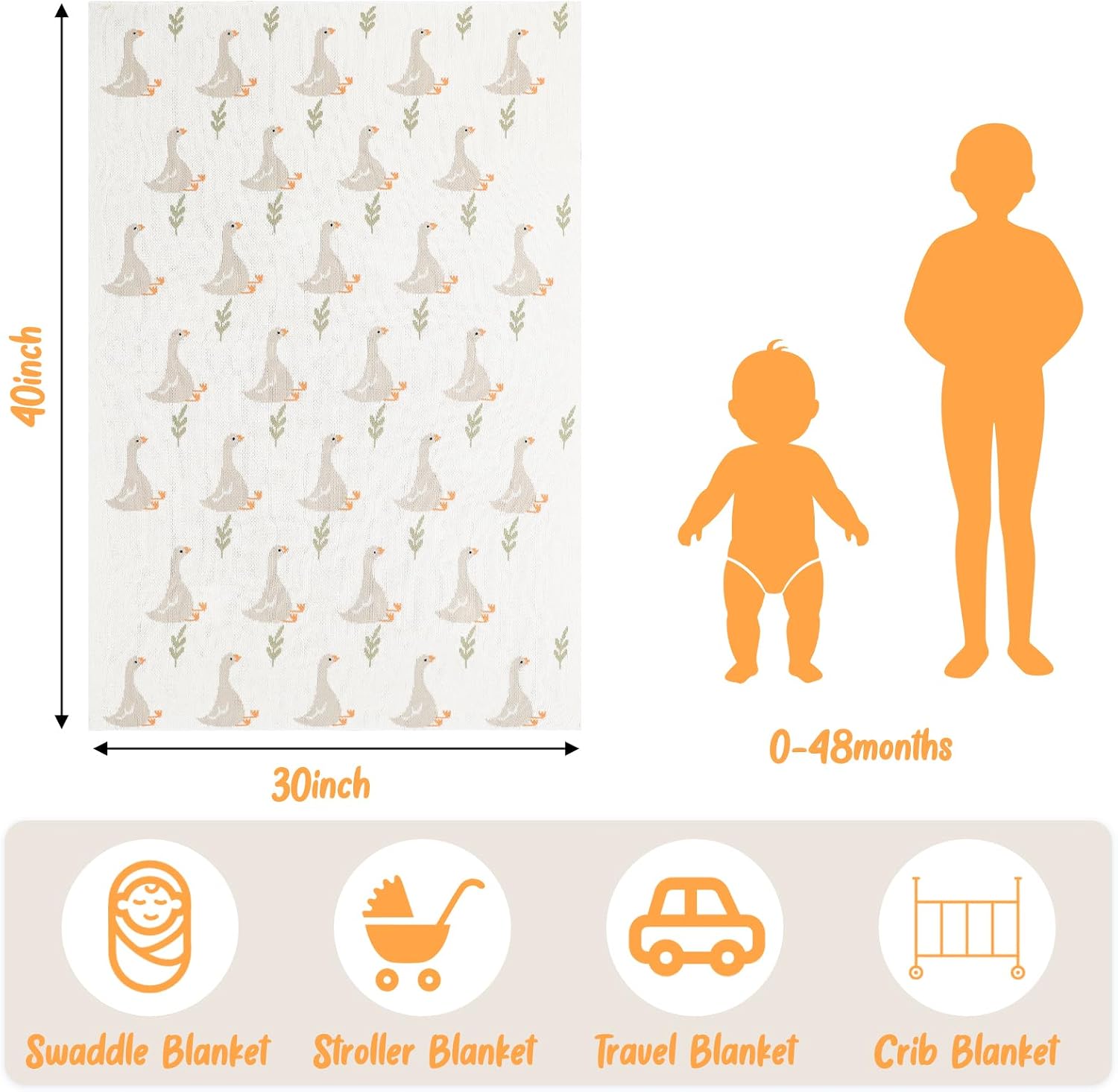 SmoothNovelty Silly Goose Baby Blanket Cute 100% Knitted Cotton Swaddle Cover Receiving Nursery Baby Shower Goose Gift for Newborn Swaddle Infant Crib (White,52 x 36 Inch)