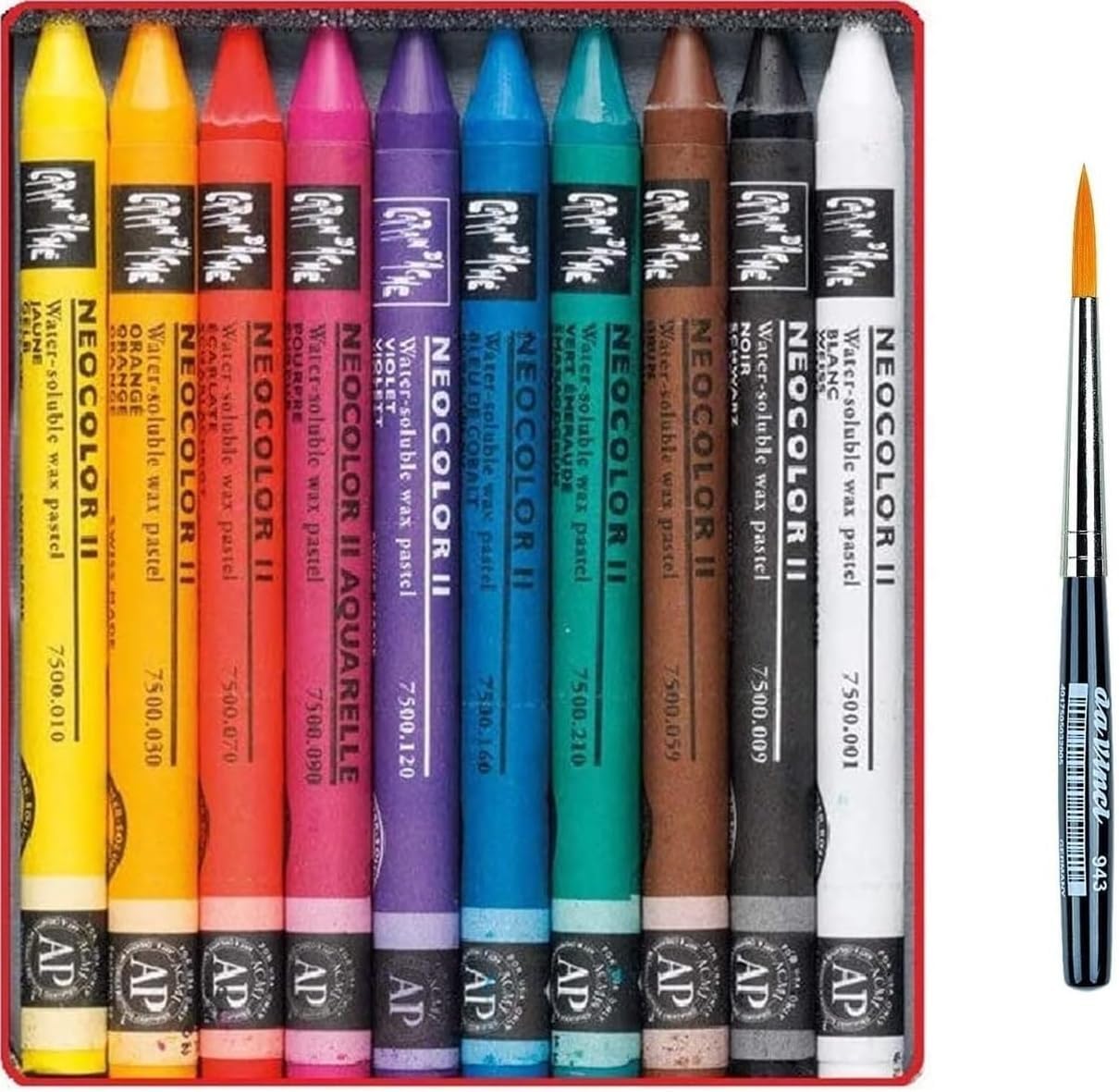 Caran d'Ache Neocolor II, Pasteles de cera acuarelables, Lápices de cera Aquarellables - Juego de 10 y 1 pinceles
