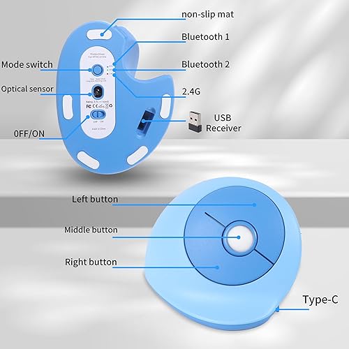 Miniatura 7 de Ratón inalámbrico ergonómico vertical con Bluetooth y receptor USB de 2.4 GHz, 3 botones, recargable, silencioso, portátil, óptico, inalámbrico,