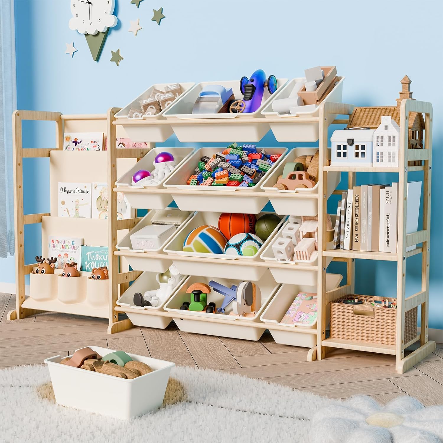 Large Toy Storage Organizer with 12 Bins, 4-Tier Bookshelf & 3 Side Shelves, 59" Wide Kids Room Organization, Easy Assembly for Playroom, Bedroom, Nursery Room, White