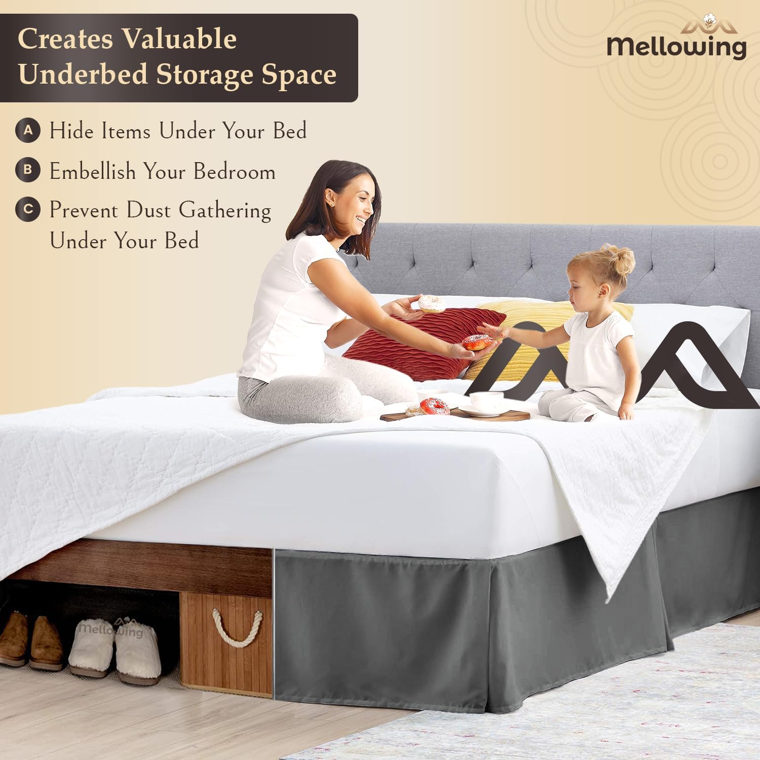 Mellowing Pleated Bed Skirt with Platform Three Sided Coverage 11 inch Tailored Drop Brushed Microfiber Pleated Bed Skirt with Split Corners (Queen,Dark Gray)