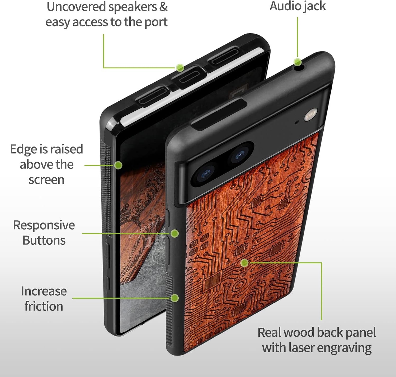 Carveit Wood Case for Pixel 7 Case [Natural Wood & Black Soft TPU] Shockproof Protective Unique & Classy Wooden Cover Compatible with Google Pixel 7 (Motherboard-Rosy)