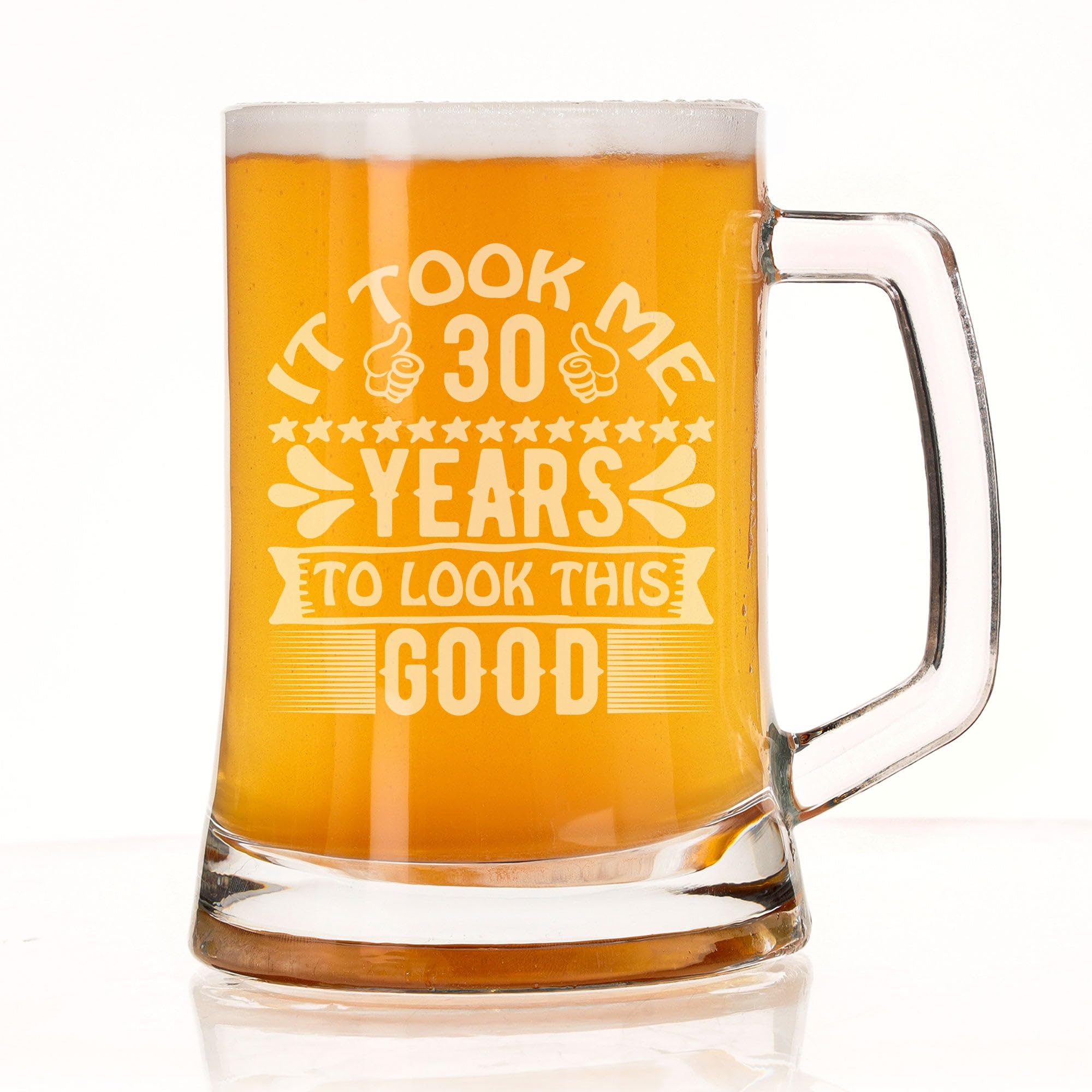 30th Birthday Beer Stein Gift for Him or Her - Engraved Glass Beer Mug Present 500ml - Funny Birthday Years to Look This Good Keepsake