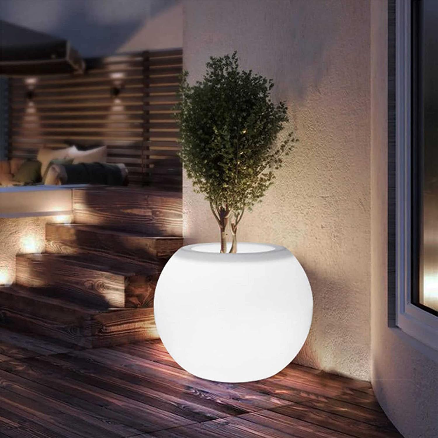 Round LED Lighted Planter,14-inch Dimmable w/Remote & 16 RGB Colors,for Outdoor Garden,Yard,Porch Decor.