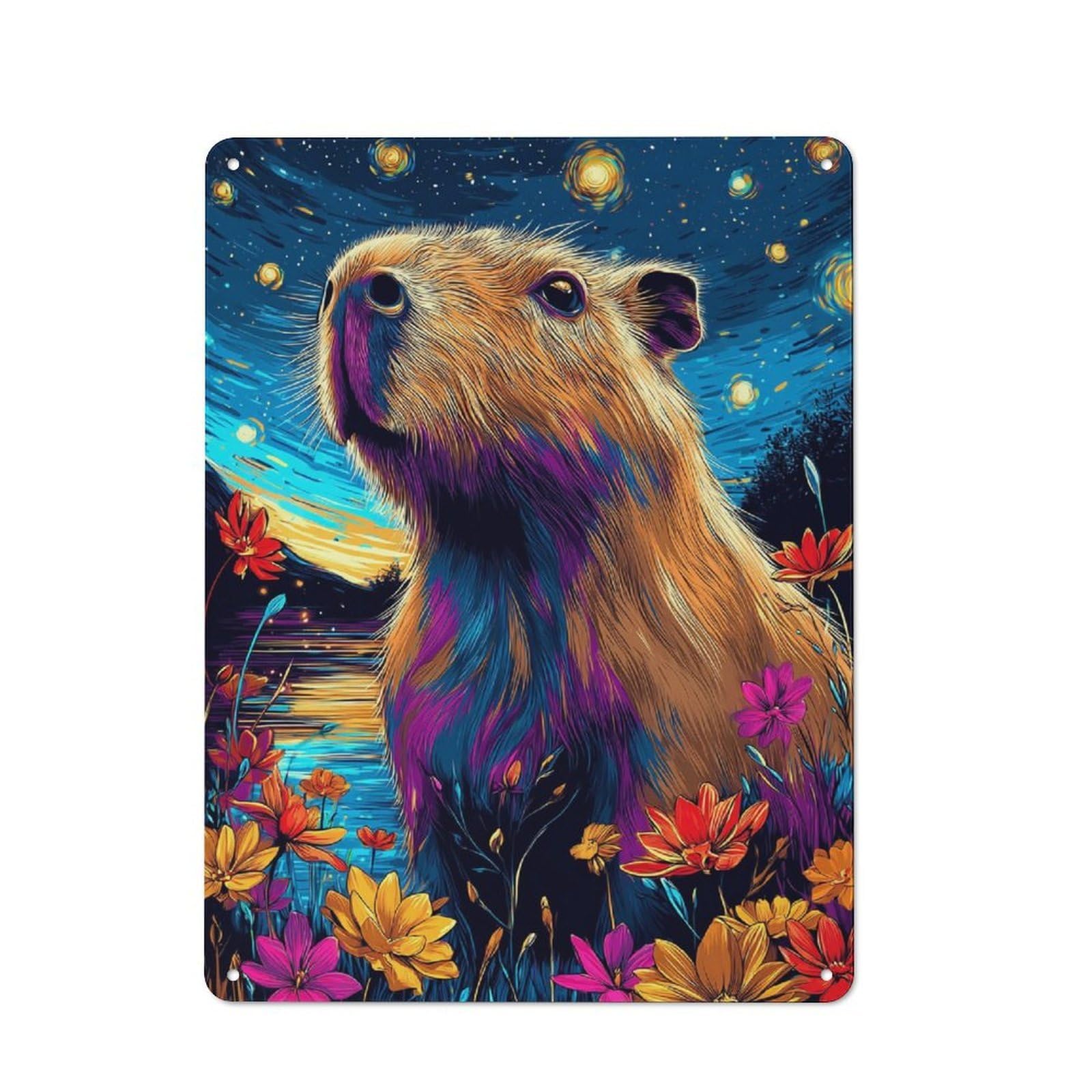 Junmoney Capybara In A Starry Night Garden Tin Wall Plaque 40X30cm With For Hobby Room Or Studio, For Home Interiors, Feature Walls And Decorative Displays