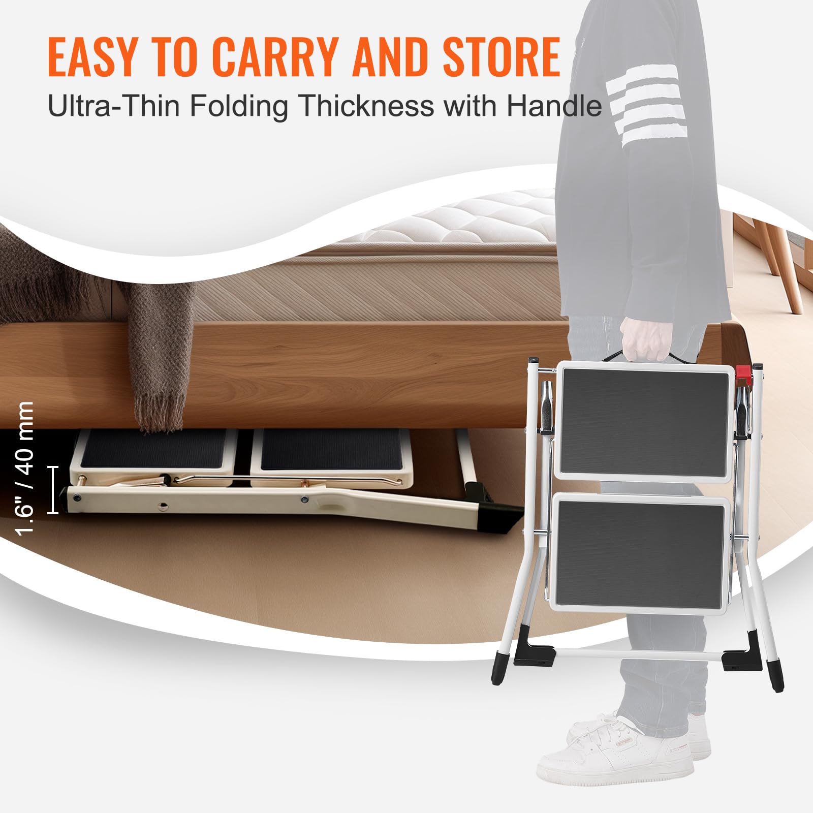 VEVOR Taburete Plegable con 2 Peldaños Carga de 150kg Escalera de Acero Taburete Ancho Multiusos con Superficie Antideslizante y Almohadillas para Adultos, Niños, Hogar, Cocina, Oficina, Autocaravanas
