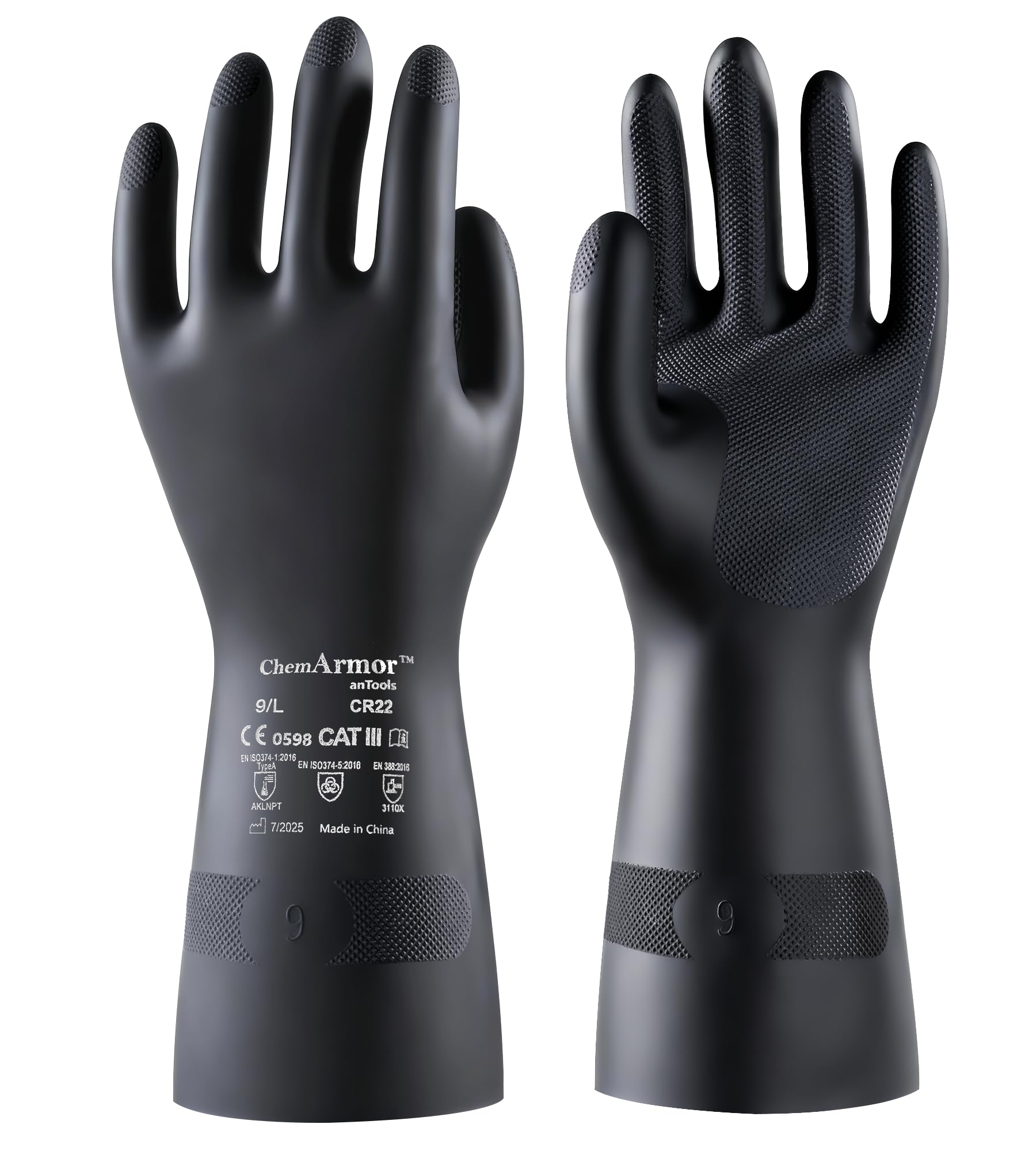 AnTools 2 Pairs Heavy-Duty Chemical Resistant Rubber Gloves, Protective Industrial Gloves for Cleaning, Dishwashing, Resist Acid, Alkali, Hazmat, Black, Medium