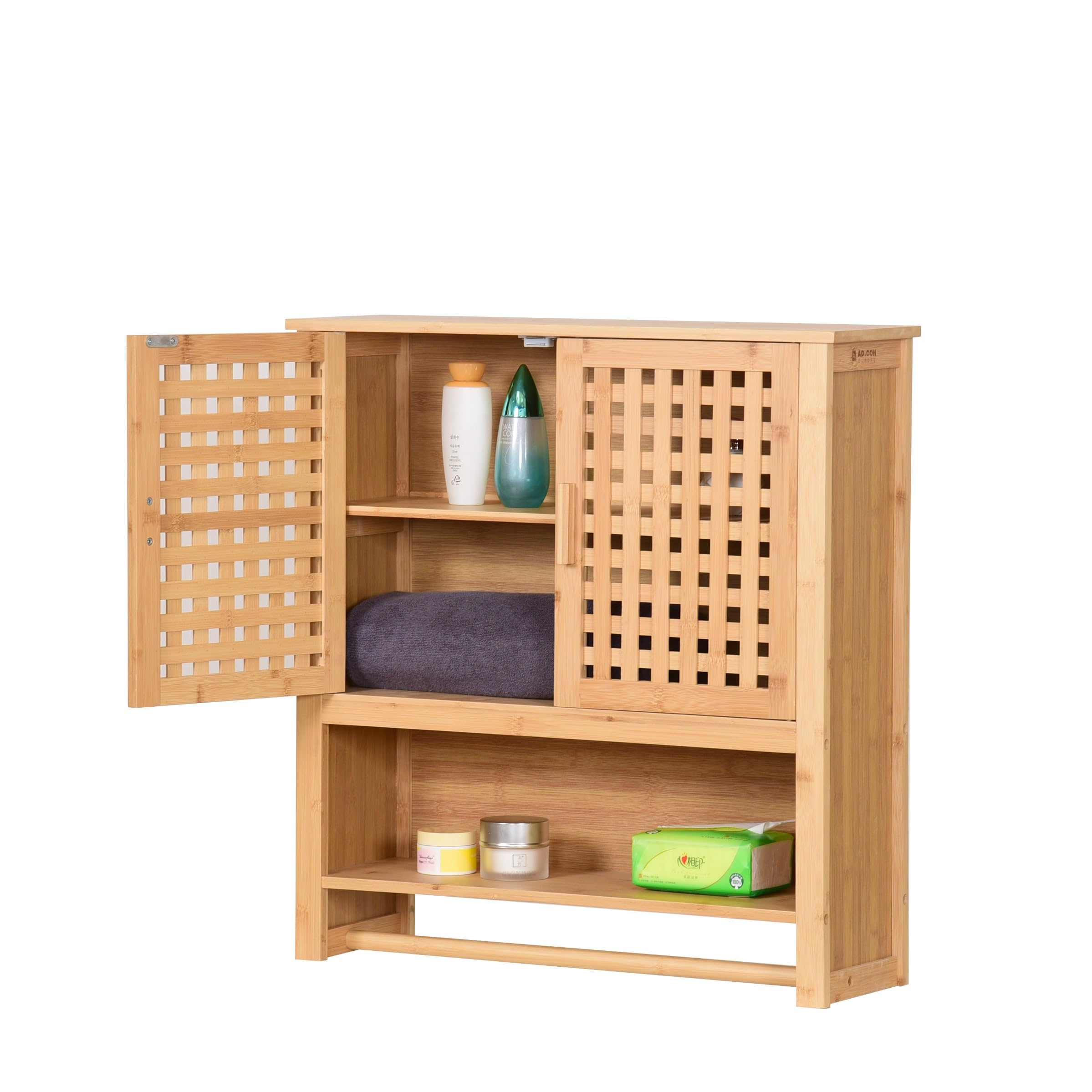 Hängeschrank aus Bambus fürs Badezimmer Wandschrank mit 2 Türen Handtuchhalter & Ablage Badschrank mit Regalfächern Platzsparend 66x62x20cm Natural (Land)