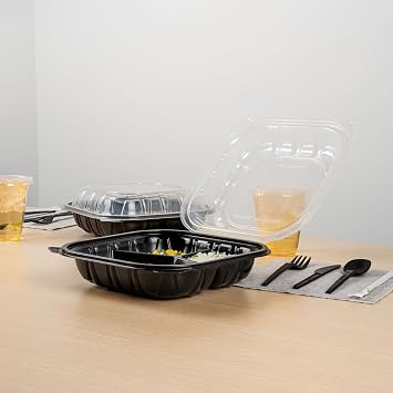 Thermo Tek 40 Ounce Clamshell Containers, 50 Disposable Take Out Boxes - 3 Compartments, Ventilated Lids, Black Plastic Meal Prep Containers, Microwavable, For Pasta Or Salads - Restaurantware