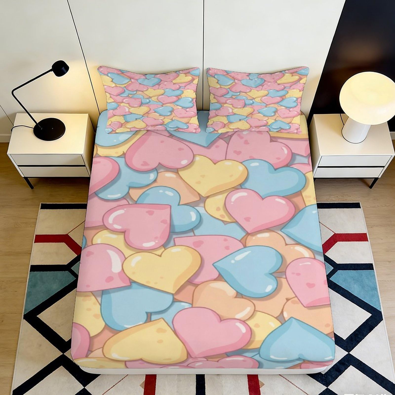 Pnayamiorkfel Style-9 3D Printed Pastel Heart Fitted Sheet Microfiber Soft Cartoon Love Mattress Cover For Bedroom Dorm Décor Easy Care 90X200x25cm
