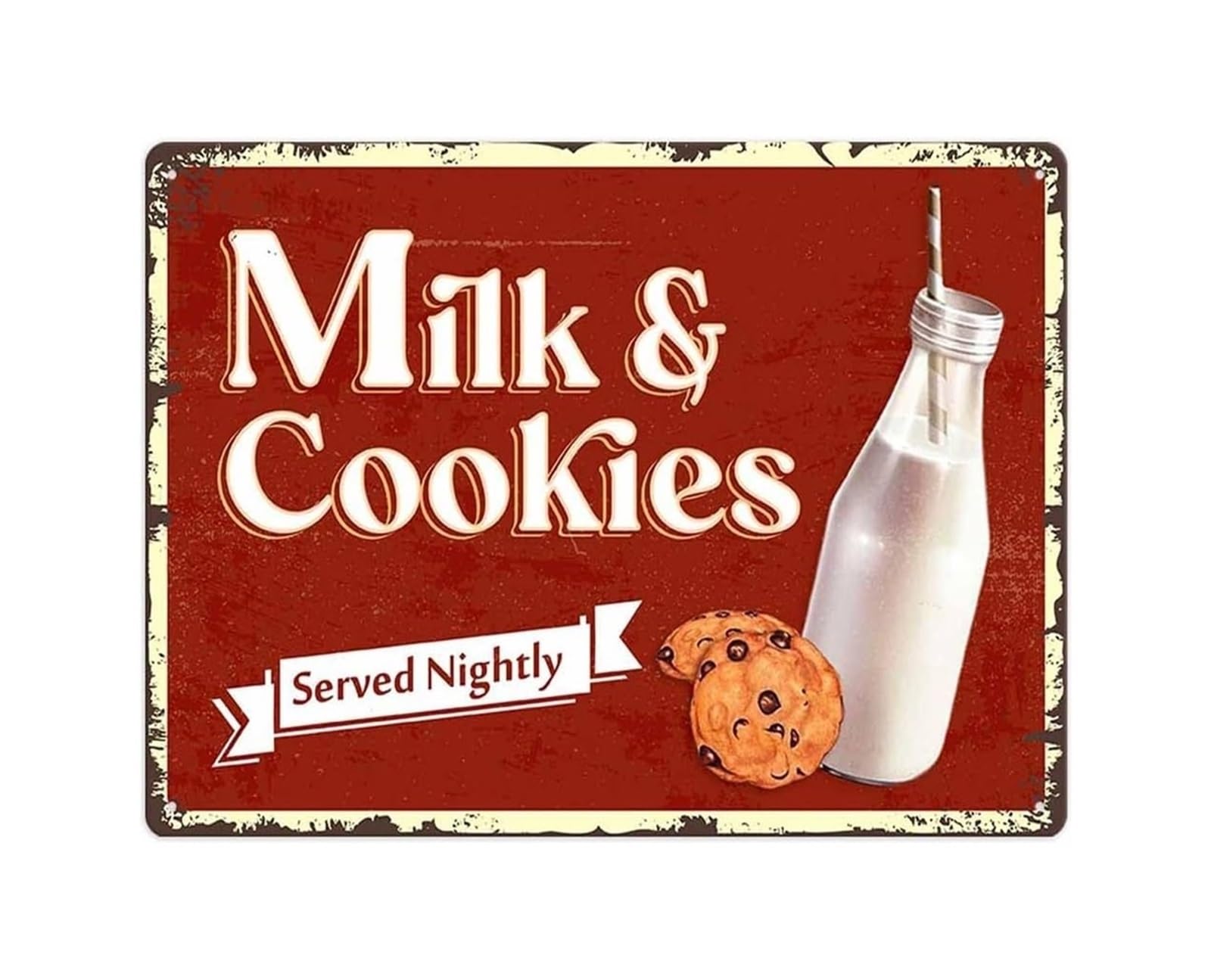 SMGLRUEAT Rustic Farmhouse Wall Decor Milk And Cookies Served Nightly Vintage Tin Sign for Home Kitchen or Bakery 8 X 12 inch​