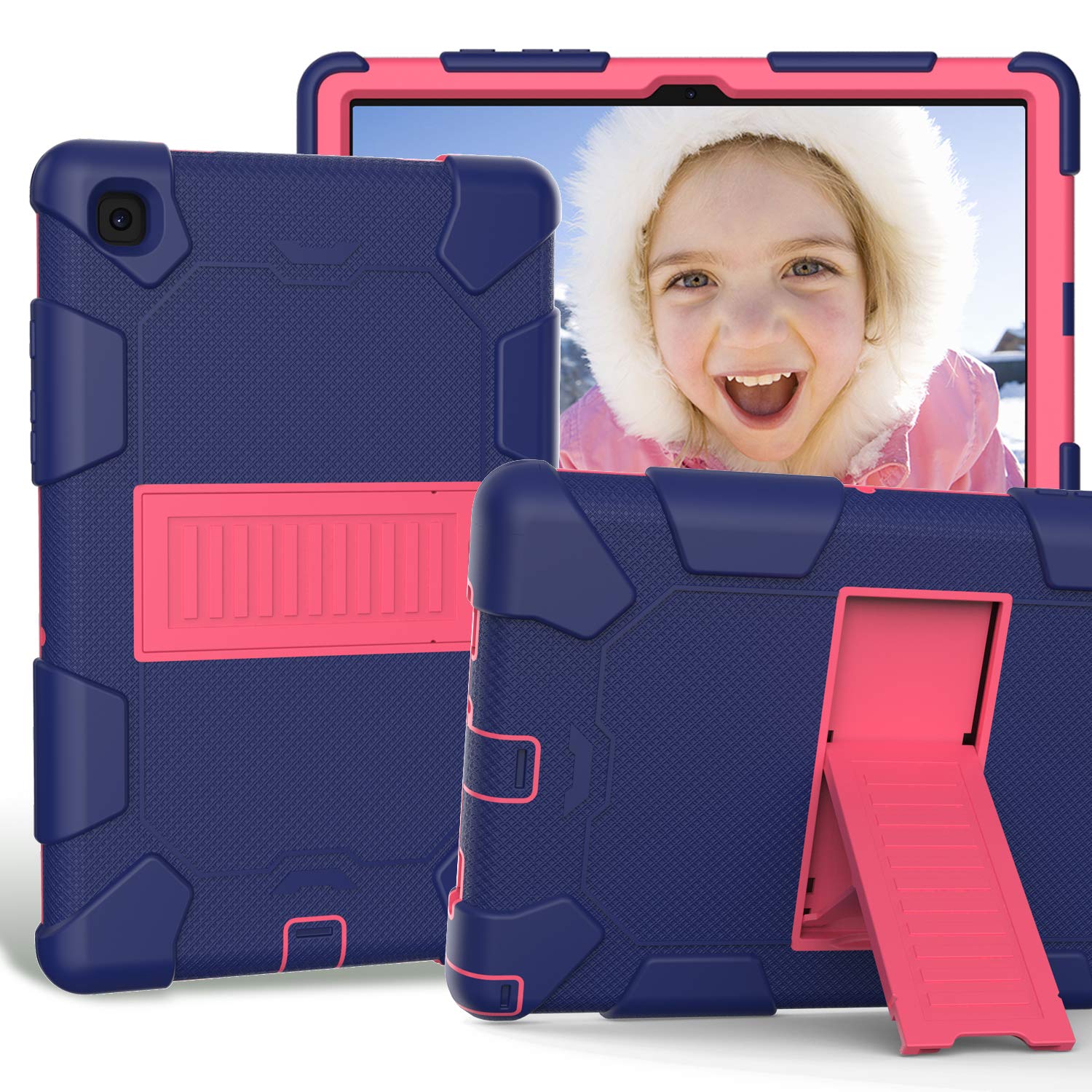 Case for Samsung Galaxy Tab A7 Tablet (10.4-inch, 2020 Release), CASZONE 3 Layer Heavy Duty Rugged Shockproof Anti-Slip Silicone Protective Cover with Folding Kickstand for Kids/Students - Navy+Rosy