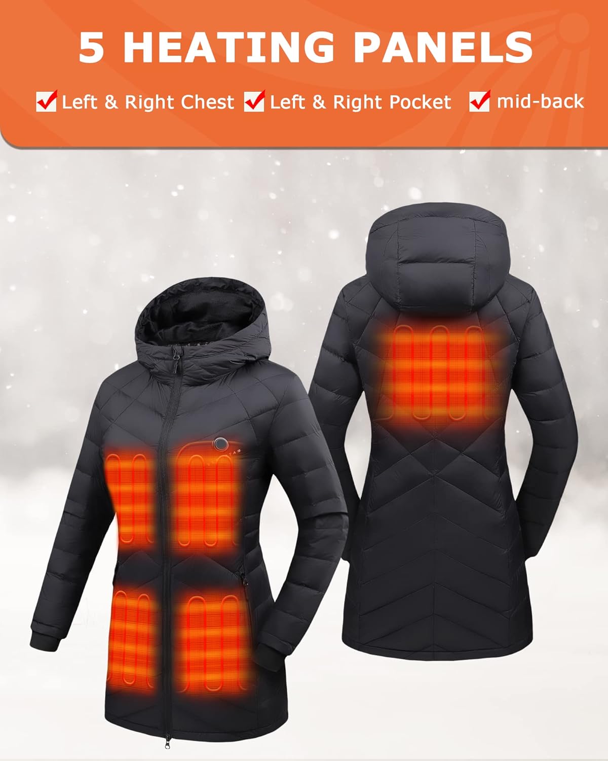 Venustas Women's Heated Long Jacket with 90% Duck Down, 7.4V Battery Pack, Electric Heated Puffer Coat For Skiing Camping
