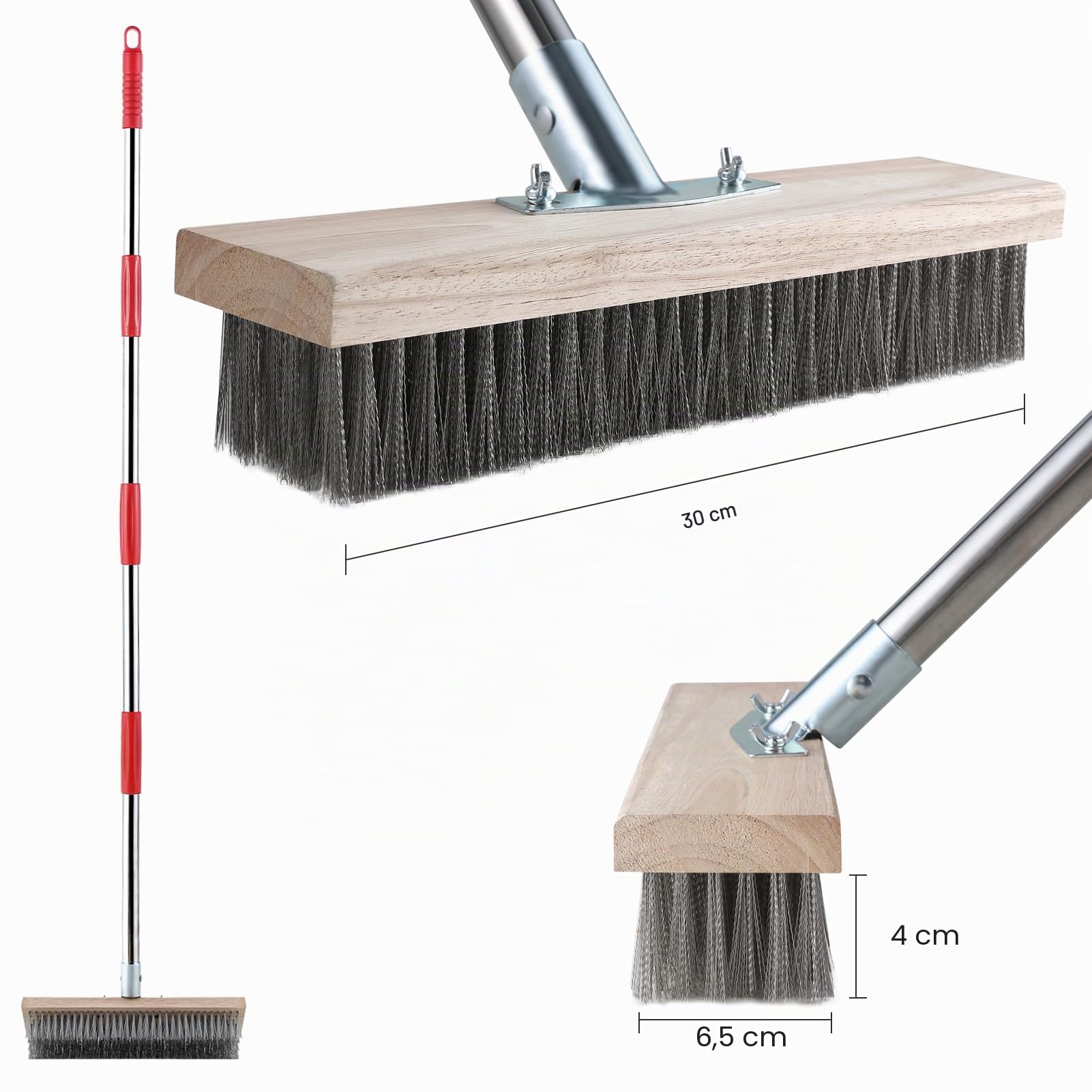 Mitclear Balai Métallique Robuste avec Manche Télescopique(145cm), Brosse en Métal Rigides pour Enlever Les Mauvaises Herbes, Mousse et Taches Tenaces, Balai à Récurer pour Patio, Terrasse et Jardin