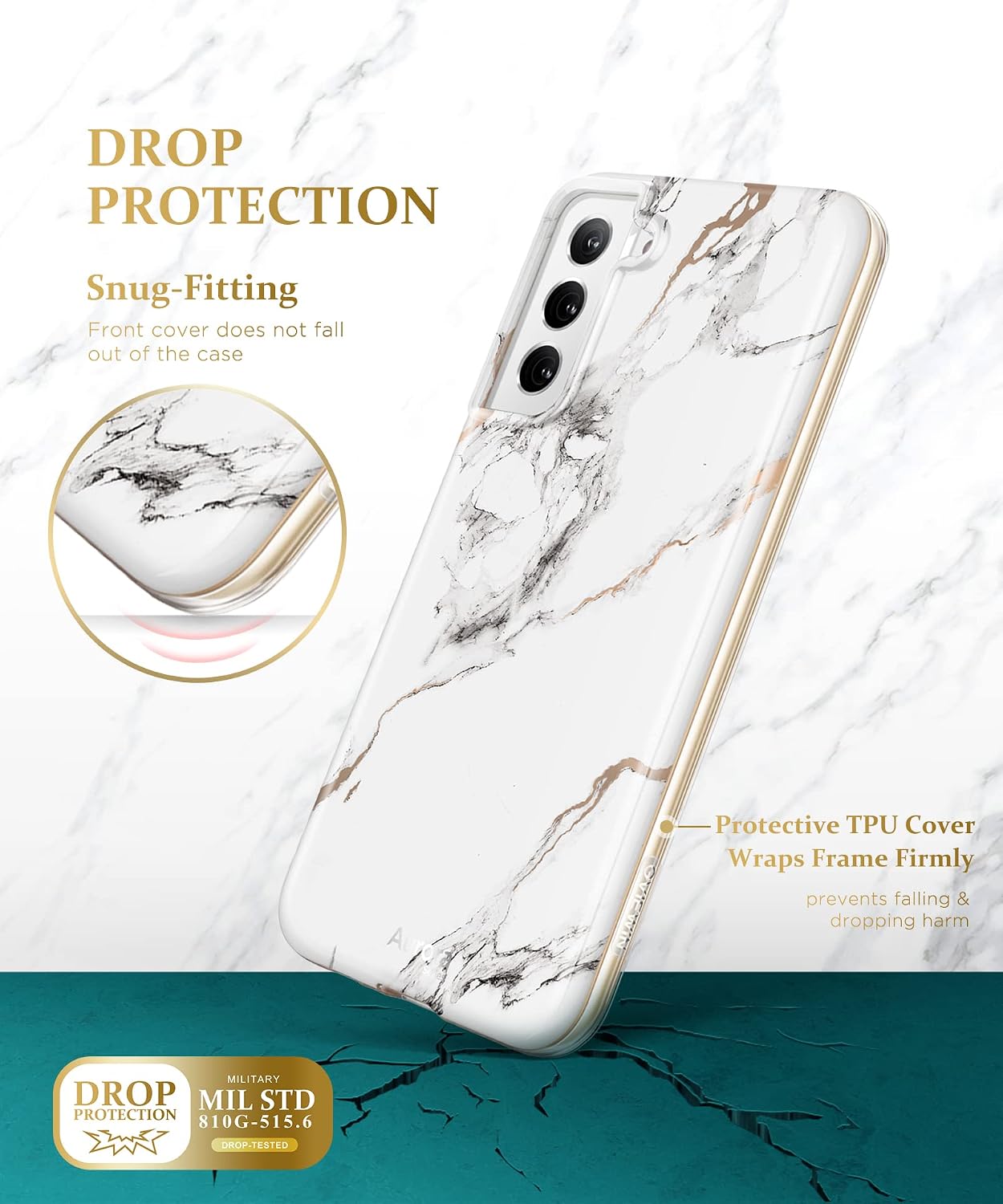 GVIEWIN Case Compatible with Samsung Galaxy S21 FE 5G (2022), Marble Shockproof Women Slim Stylish Protective Phone Cover for S21 Fe 6.4" [Without Built-in Screen Protector] (White/Gold)
