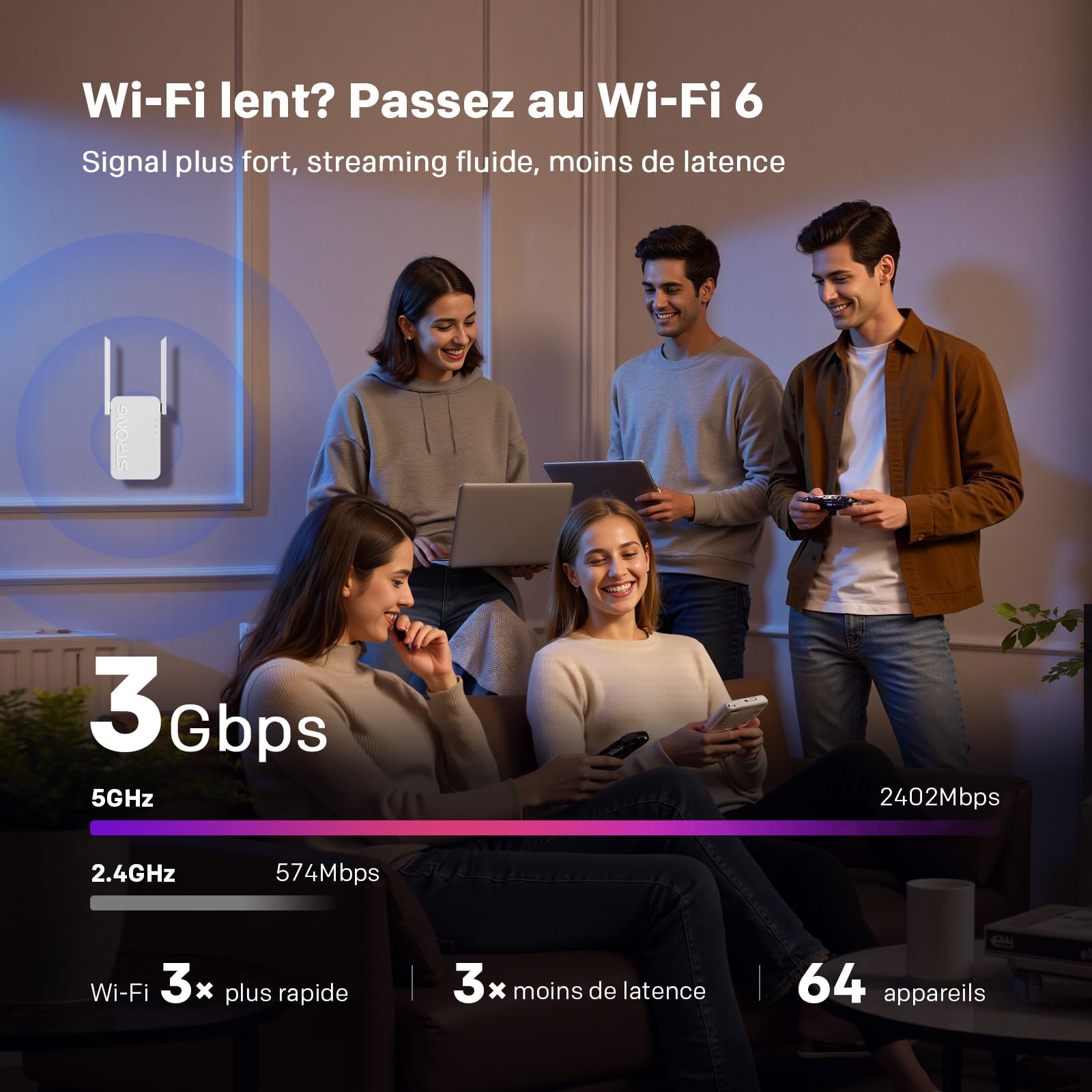 Strong Répéteur WiFi AX3000 WiFi 6 pour Prise Murale – Amplificateur WiFi Puissant, Dual Band, WiFi Repeater avec antennes externes, WPS, Point d’accès, idéal Streaming 4K, Gaming et Maison connectée