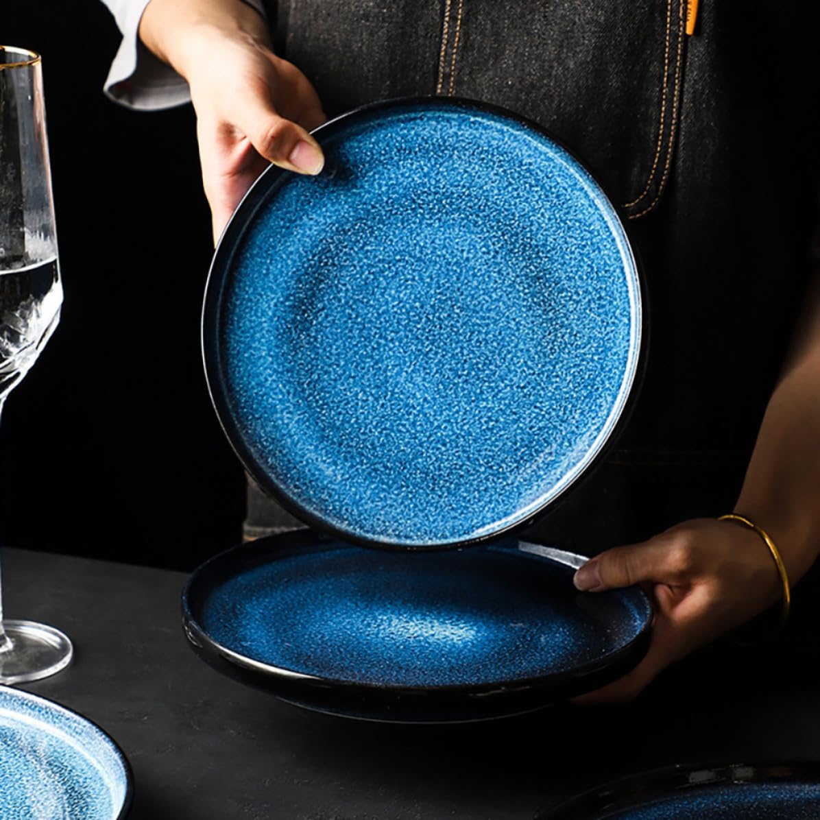 Zerodeko Plato Redondo de Cerámica Azul Borde para Carne y Aperitivos | Acabado Decorativo, Diseño Elegante, Superficie Lisa, Uso Multiusos para Mesa y Servicio Familiar