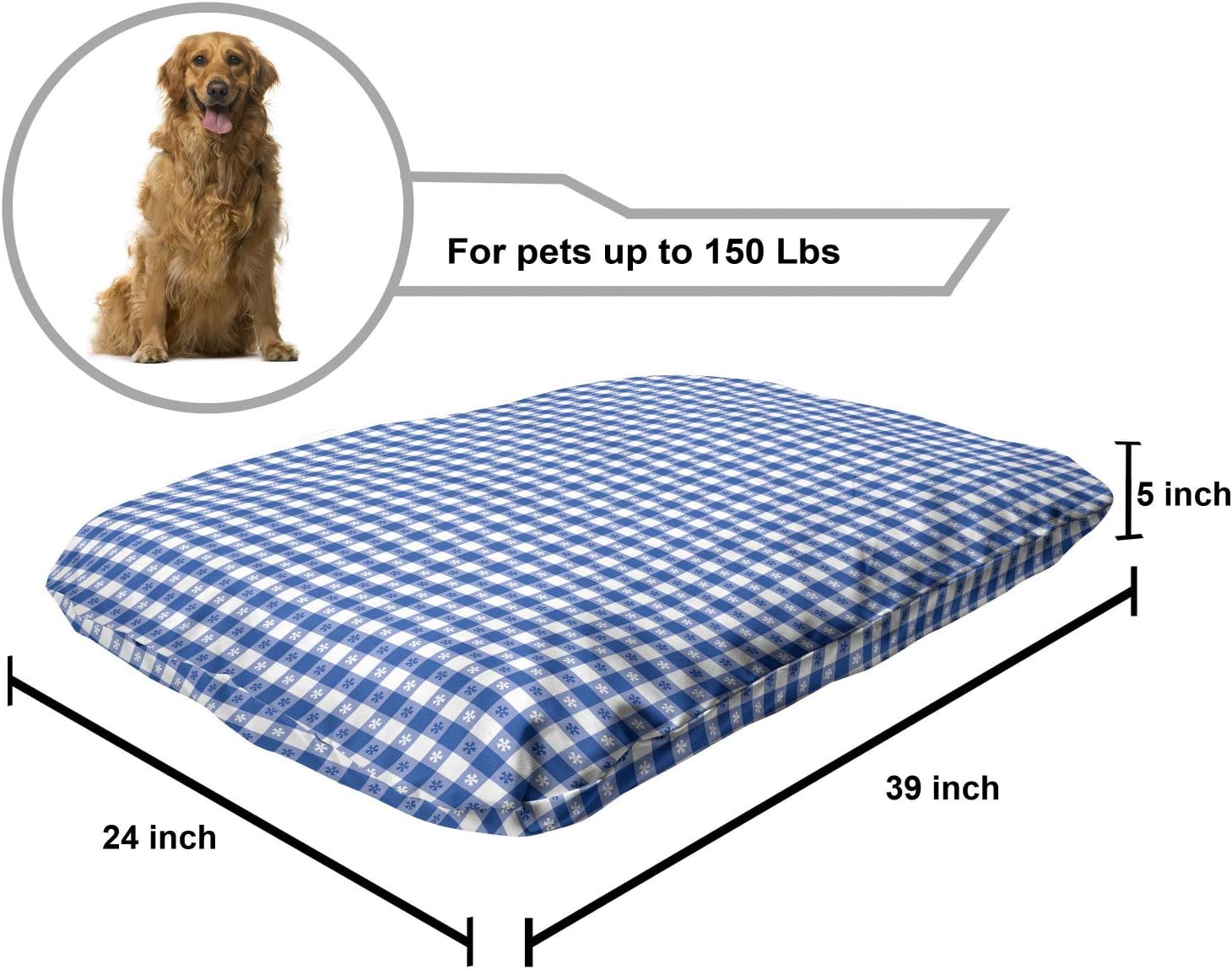 review Lunarable Blue and White Pet Bed, Gingham Pattern with Squares and Floral Motifs, Chew Resistant Pad for Dogs and Cats Cushion with Removable Cover, 24