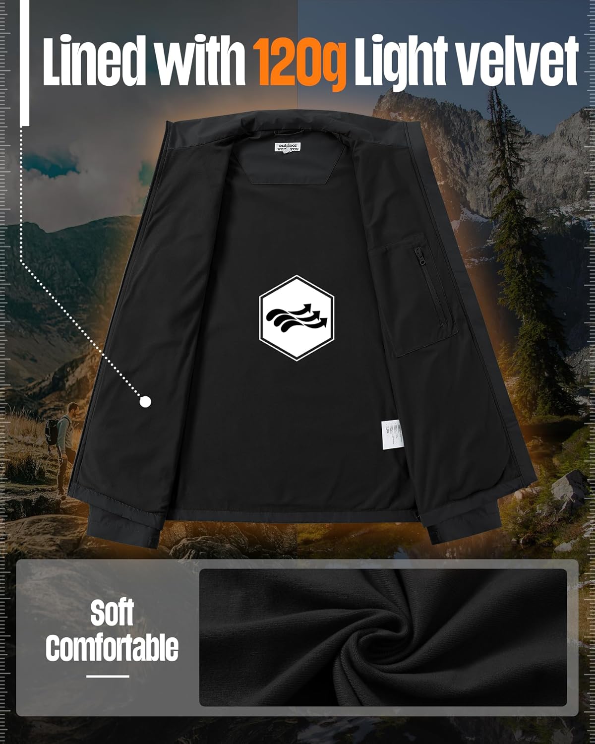 Outdoor Ventures Men's Lightweight Jacket Waterproof Rain Shell Jackets with velvet lined Windbreaker for Outdoor Sports - Image 3