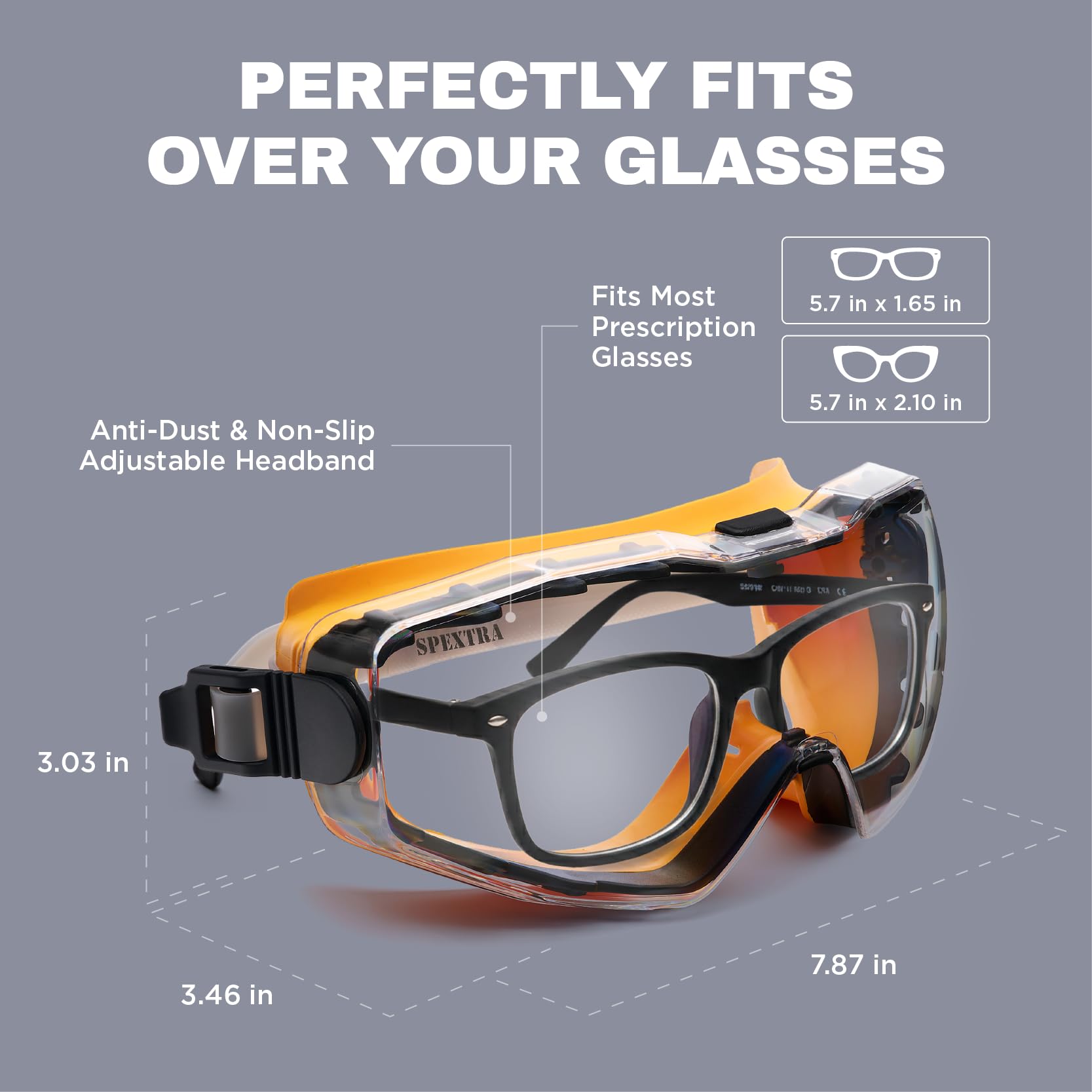 SPEXTRA Schutzbrille über Brille, klare Anti-Beschlag-Gläser, Stoßfestigkeit ANSI Z87.1, UV-Schutz, Laborchemie-Brille mit verstellbarem Kopfband, Schnellverstellschnalle
