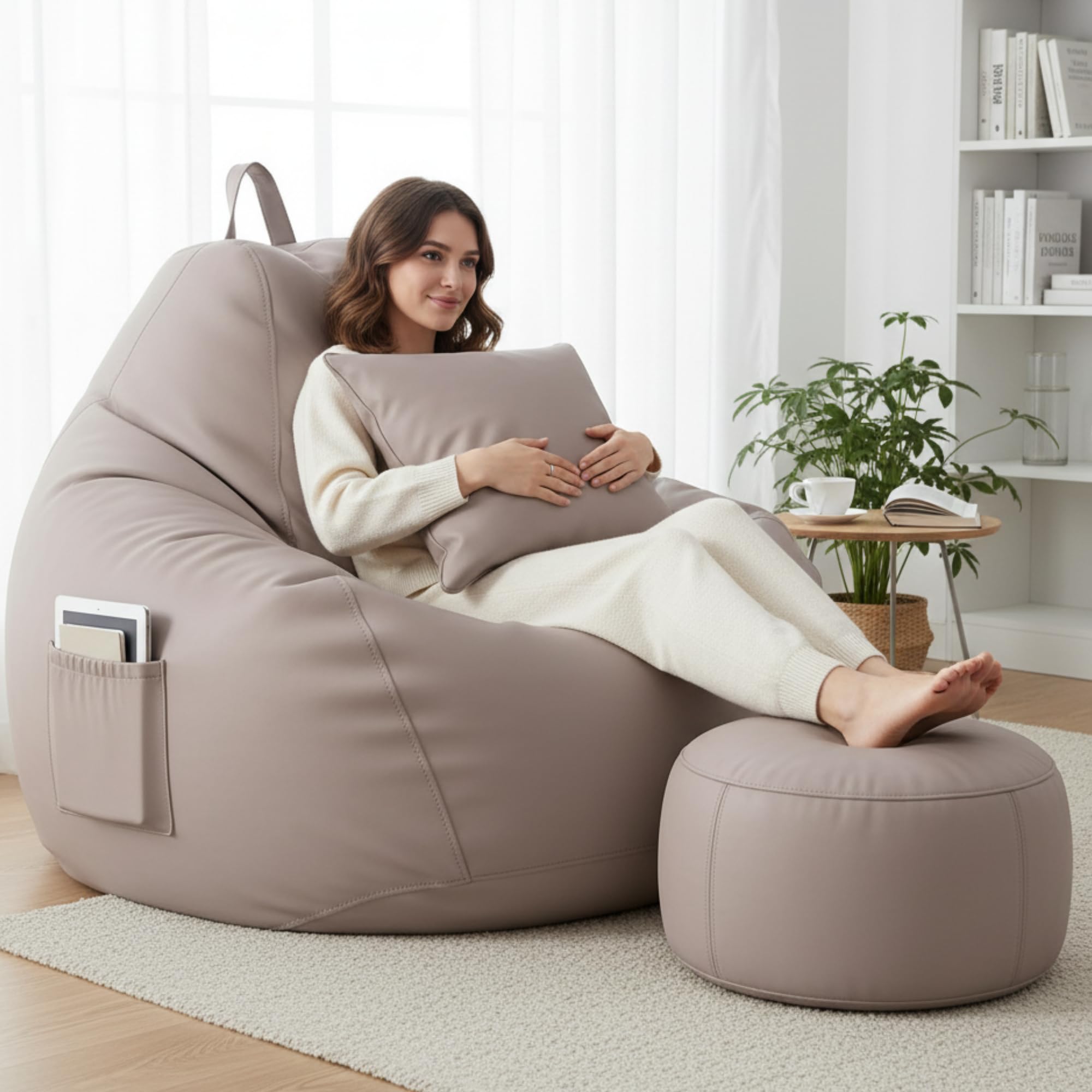 5XL Premium Leatherette Bean Bag with Footrest & Cushion | High Density EPS Beans Filled | Teardrop Shape with Handle | 6 Months Warranty Color- (Beige, XXXXXL)-image-7