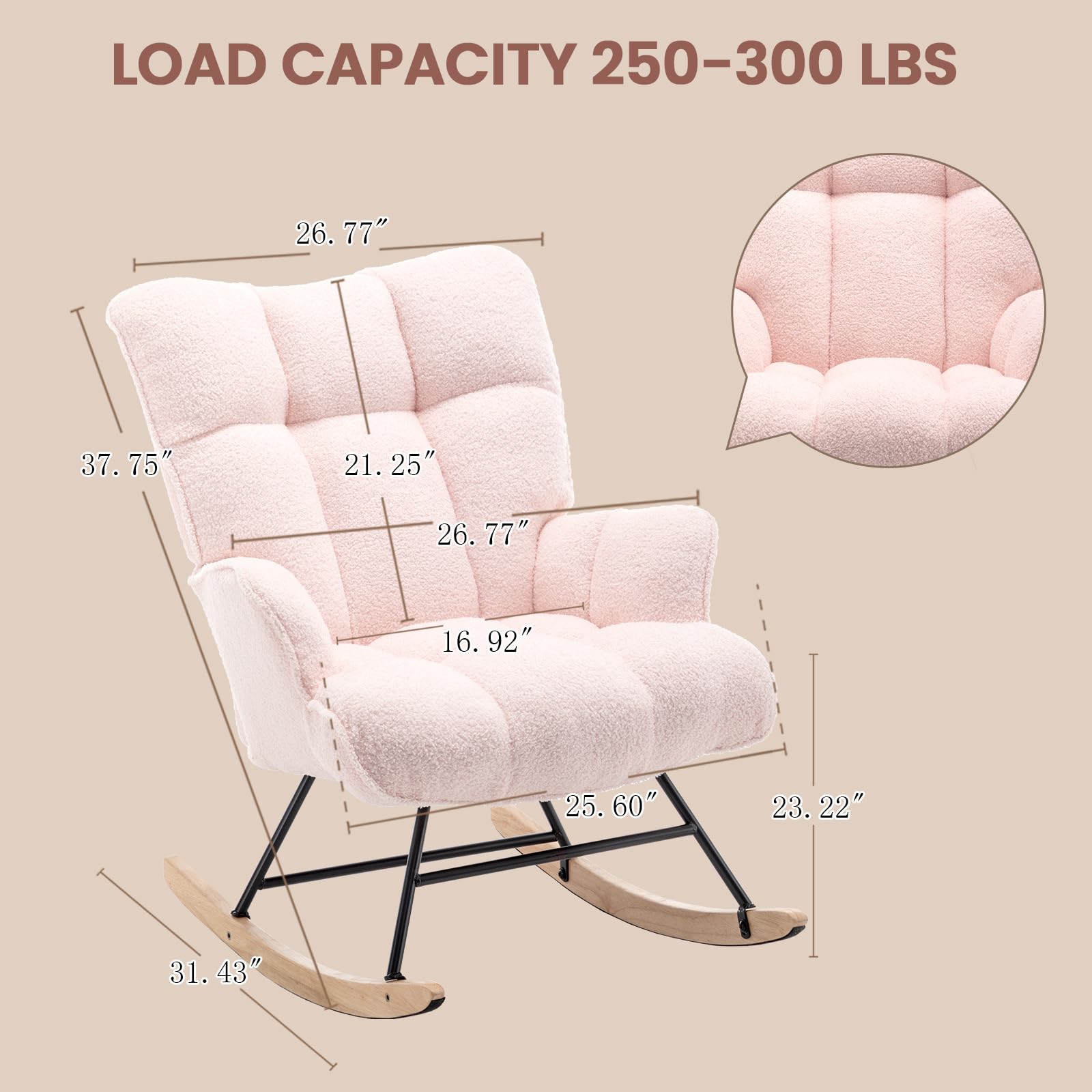 Rocking Chair Nursery Teddy, Upholstered Baby Fluffy Glider Rocker for Adults Indoor, Comfy Sherpa Compact Nursing Chairs for Small Spaces, Living Room, Classroom, Bedroom, Pink