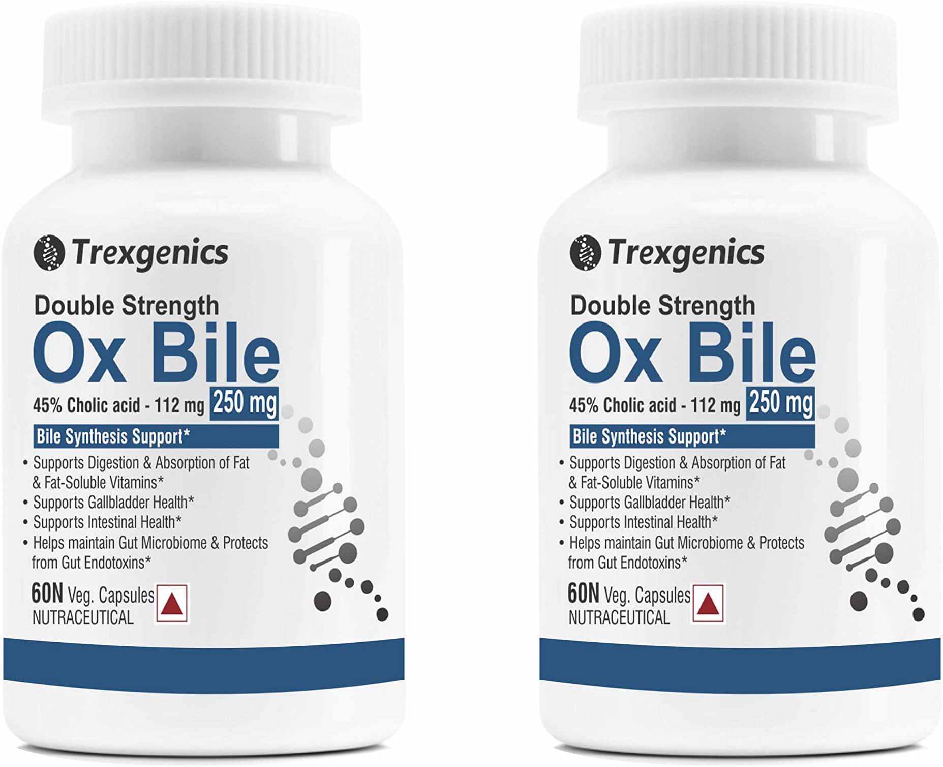 BILE EXTRACT 250 mg 45% Cholic acid DOUBLE STRENGTH Bile Synthesis Support (60 Vegan Capsules) (Pack of 2)