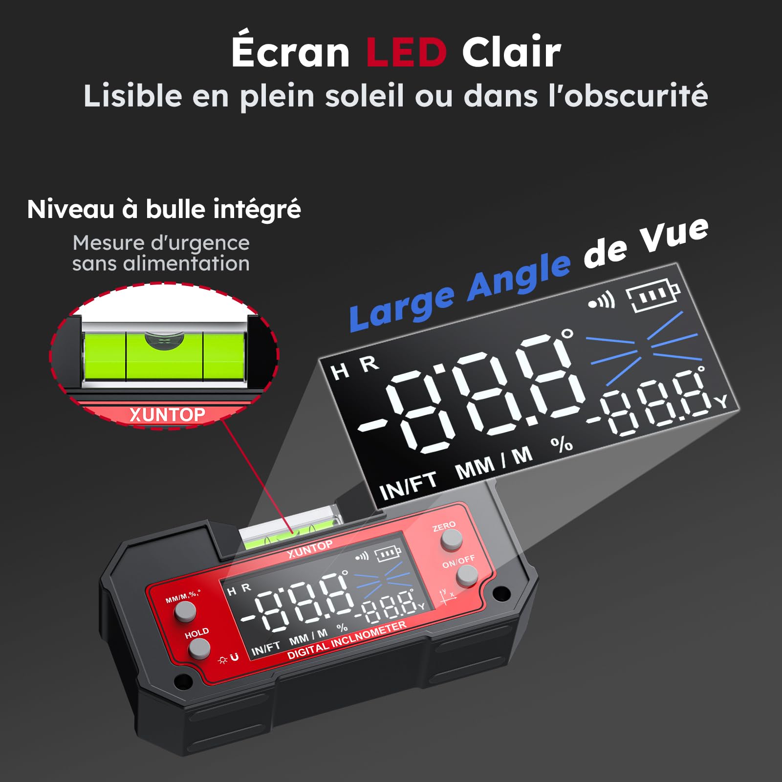 XUNTOP Inclinomètre Numérique Double Axe LED Rechargeable - Niveau Électronique Professionnel à Haute Précision avec Base Magnétique et Niveau à Bulle Intégré pour Chantier, Menuiserie, Bricolage