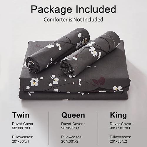 Miniatura 3 de WONGS BEDDING - Juego de funda de edredón floral, tamaño queen, gris oscuro, 3 piezas, ropa de cama con estampado de flores de ciruelo, con 2 fundas