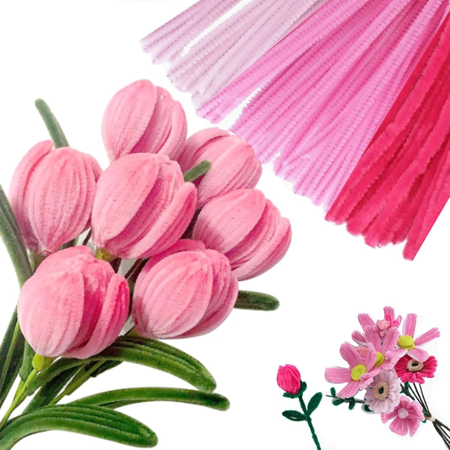 Pink Bouquet Pipe Cleaner, Pipe Cleaner Set 300 pieces, Colored Pipe Cleaner, Craft Flower Pipe Cleaner (Pink)