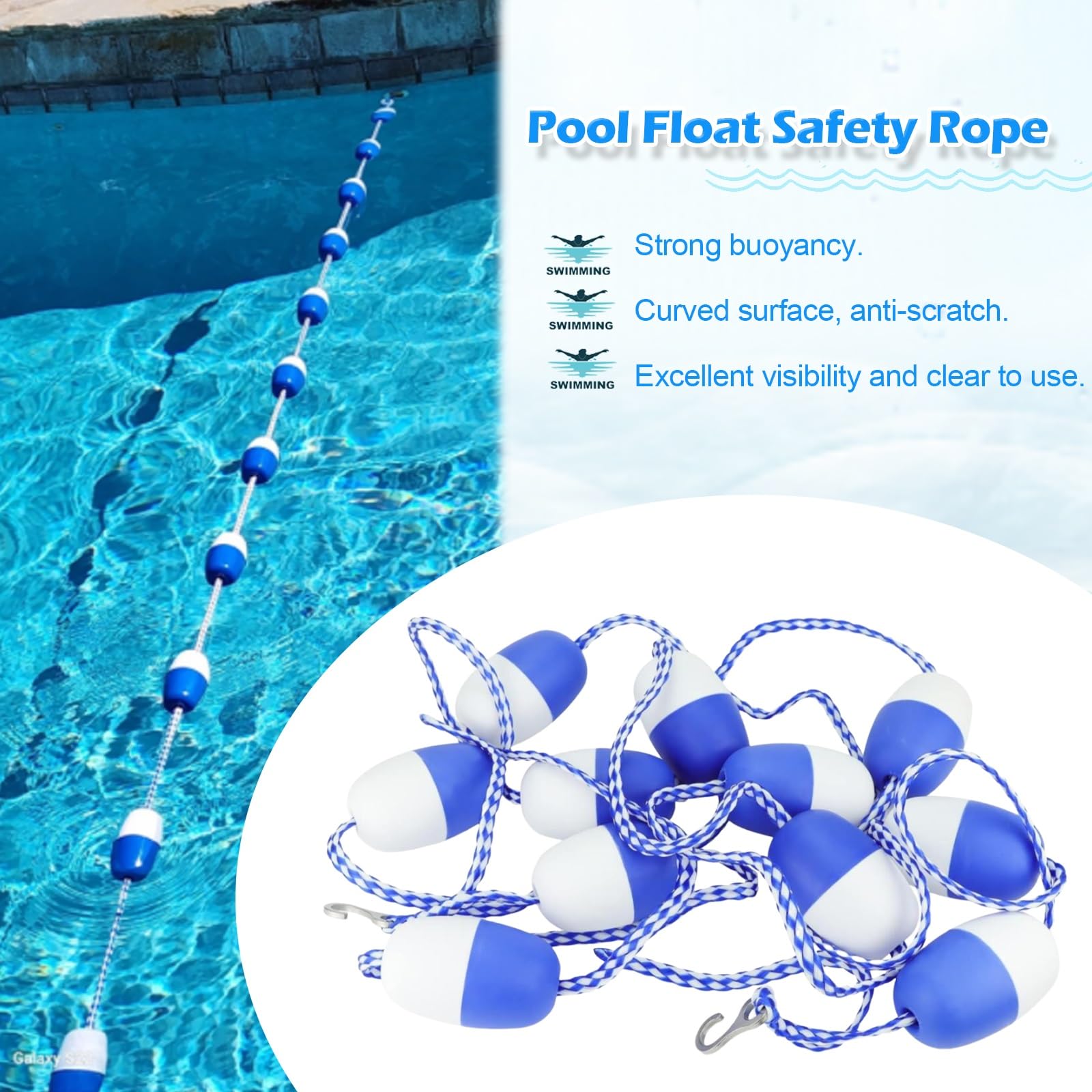 Schwimmendes Bahntrenner-Set für Schwimmbecken mit Bojen, strapazierfähiger Sicherheitsleine für Schwimmtraining und Bahnmarkierung(30m,One Size)