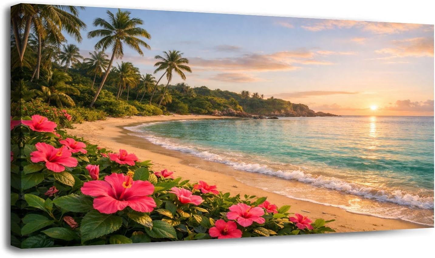 30"x 60" Canvas Wall Art Tropical Beach Water Palm Trees Pink Hibiscus Flowers Framed Pictures Painting Prints Large Wall Art for Living Room Bedroom Abstract Home Wall Decor Artwork
