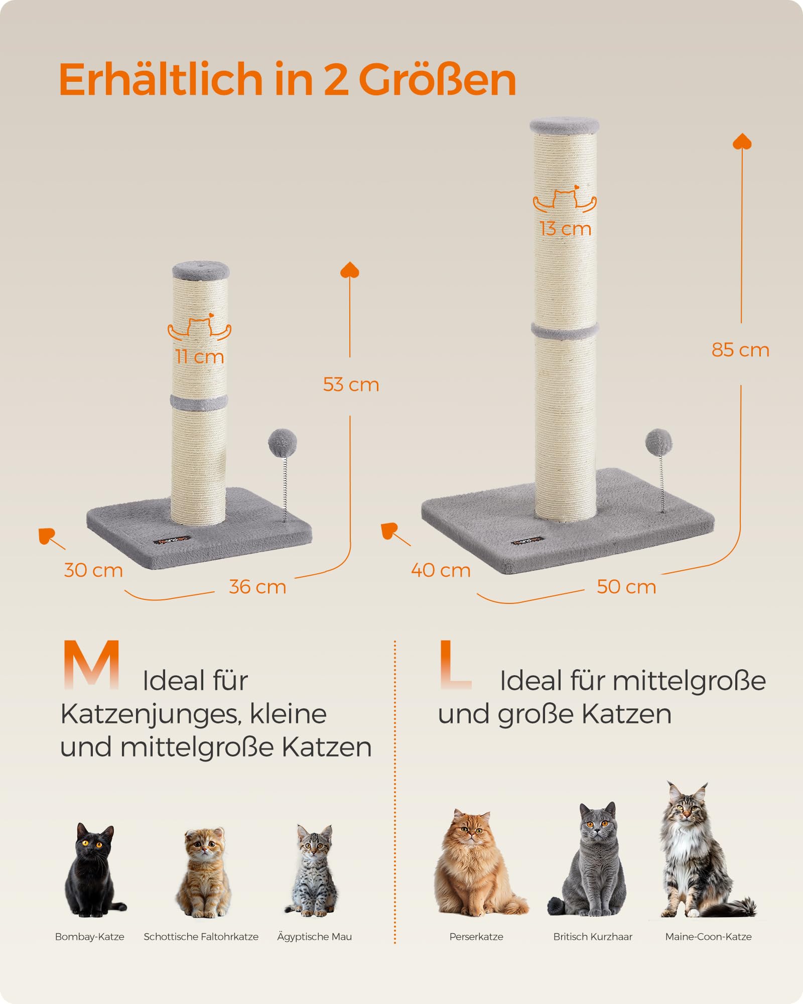 Feandrea Kratzbaum, 85 cm hoch, Kratzsäule XL, 13 cm Dicker Stamm, Katzenbaum, Kratzstamm für mittelgroße und große Katzen, Sisalstamm, mit Plüschball und Glocke, Taubengrau PCA041G01