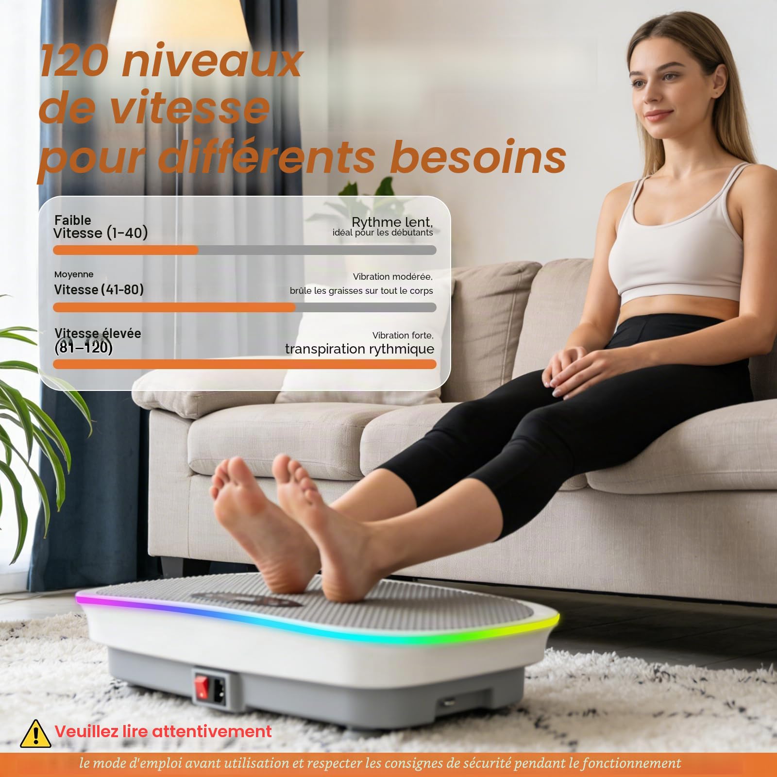 Plateforme Vibrante Perte de Poids, 120 Vitesses, 350 lbs, Bluetooth, Télécommande, Drainage Lymphatique