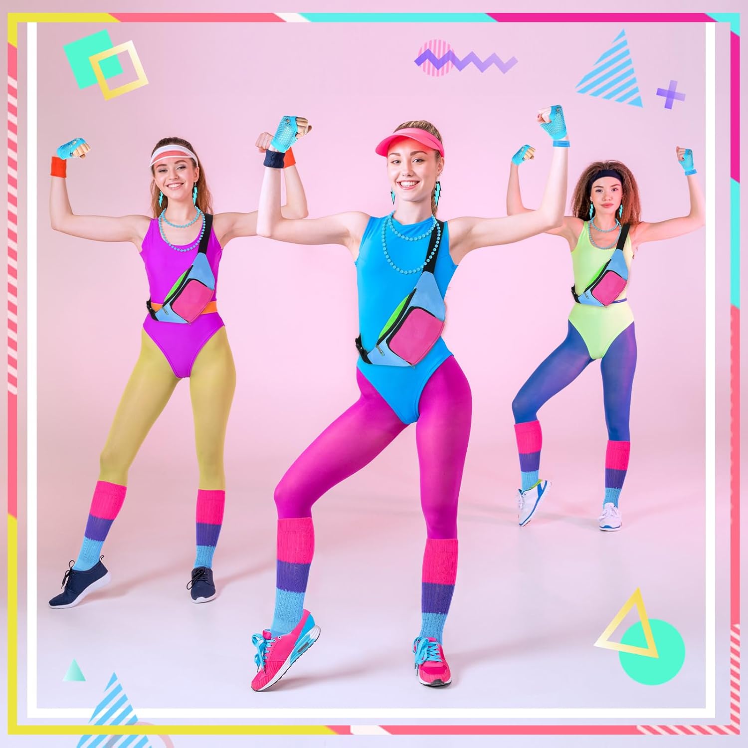Handepo 19 Pcs 80s Costume Accessories Set Neon Retro 80s Fanny Pack Hairband Fishnet Gloves Bracelet Earrings Necklace Socks - Image 4