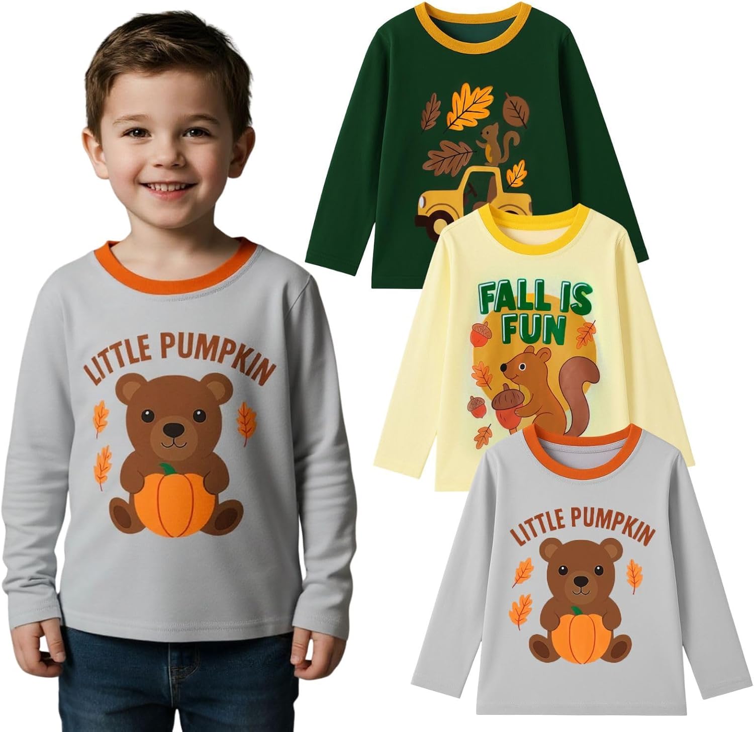 HILEELANG 幼児 男の子 長袖シャツ グラフィック コットン カジュアル クルーネック トップス、秋冬レイヤードTシャツ 3