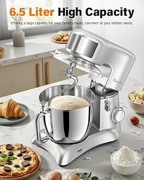 Facelle Food Processor Mixers & Mixer 6.5 L Stainless Steel Mixing Shot Kneading Machine 10 Speed Levels + Pulse Function Dough Kneading Machine Including 3-Piece Patisserie Set [Energy Class A+++]