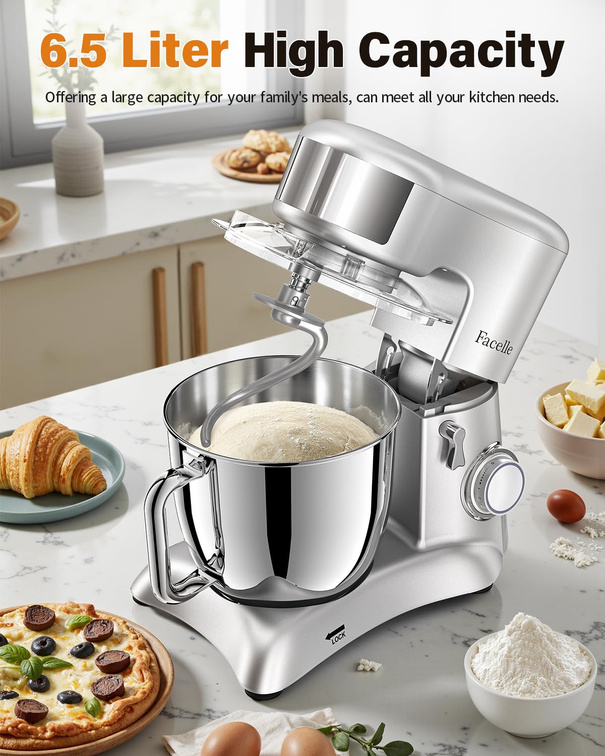 Facelle Keukenmachine, 1500 W, deegmachine, roermachine met 6,2 l roestvrij stalen kom, 6 snelheden, geluidsarme deegkneedmachine inclusief garde, kneedhaak, racket (zilver